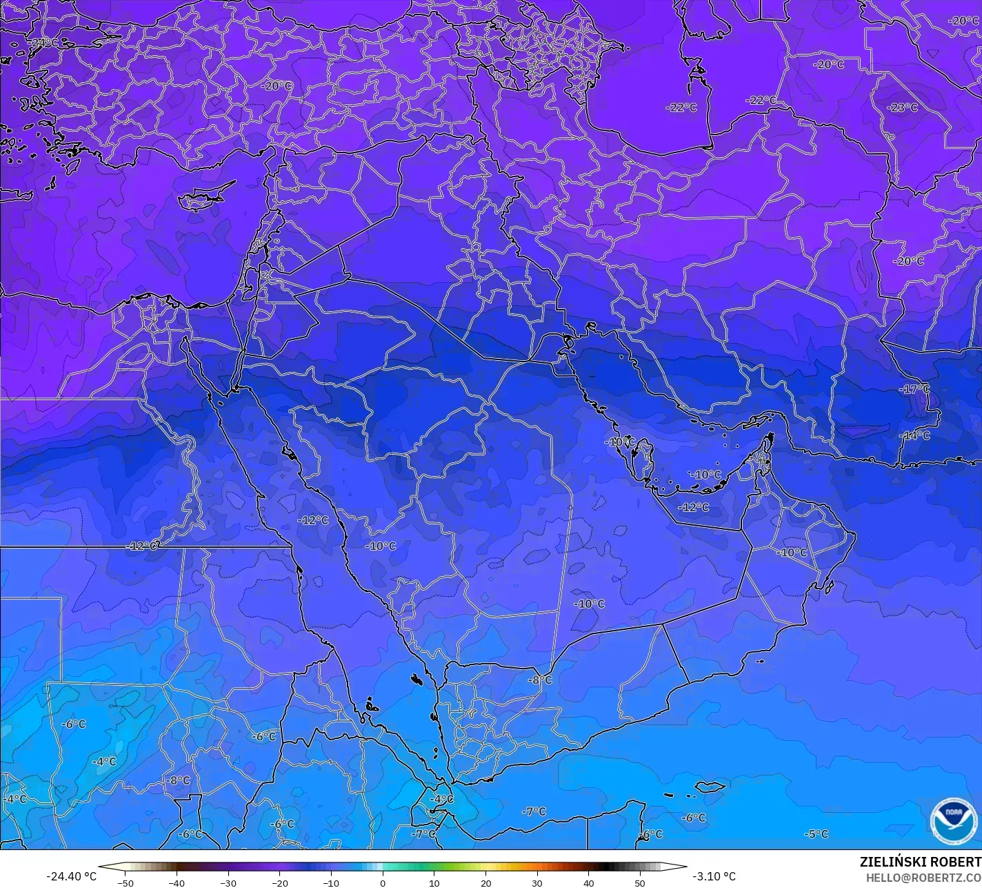 GFS モデル - 中東, 気温（500hPa）