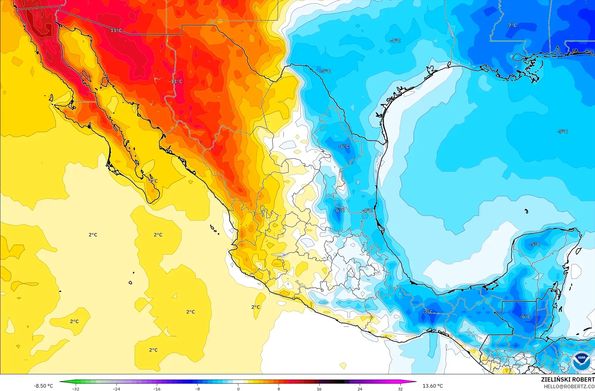 GFS モデル - メキシコ, 気温異常（2m）