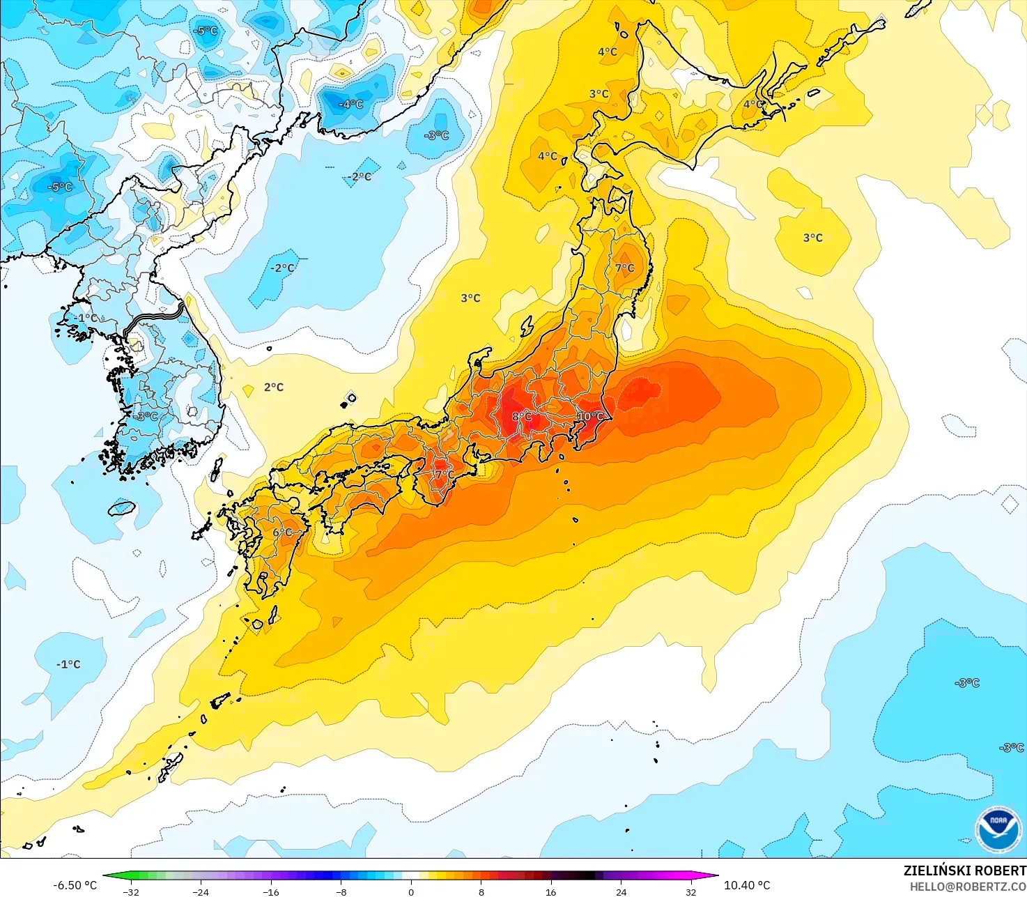 GFS モデル - 日本, 気温異常（2m）