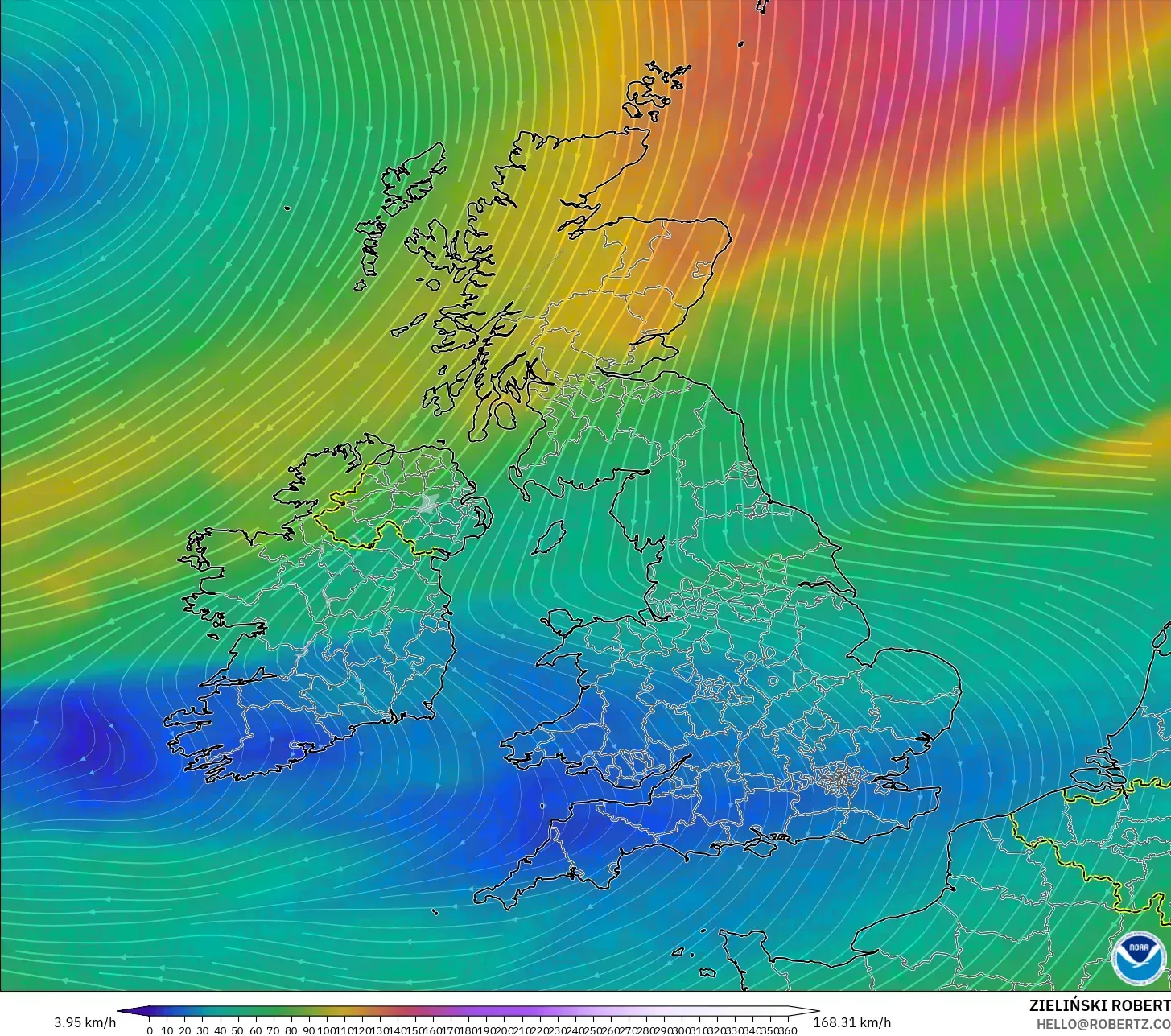 GFS モデル - イギリス, 風速（300hPa）
