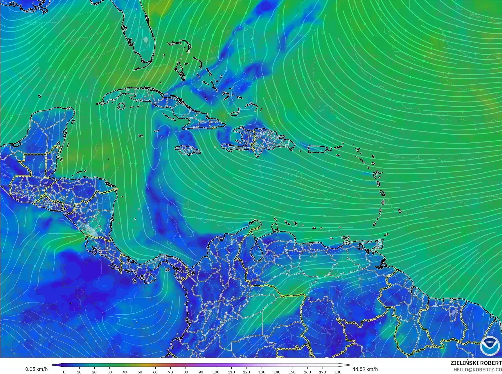 GFS モデル - カリブ海, 風速（10m）