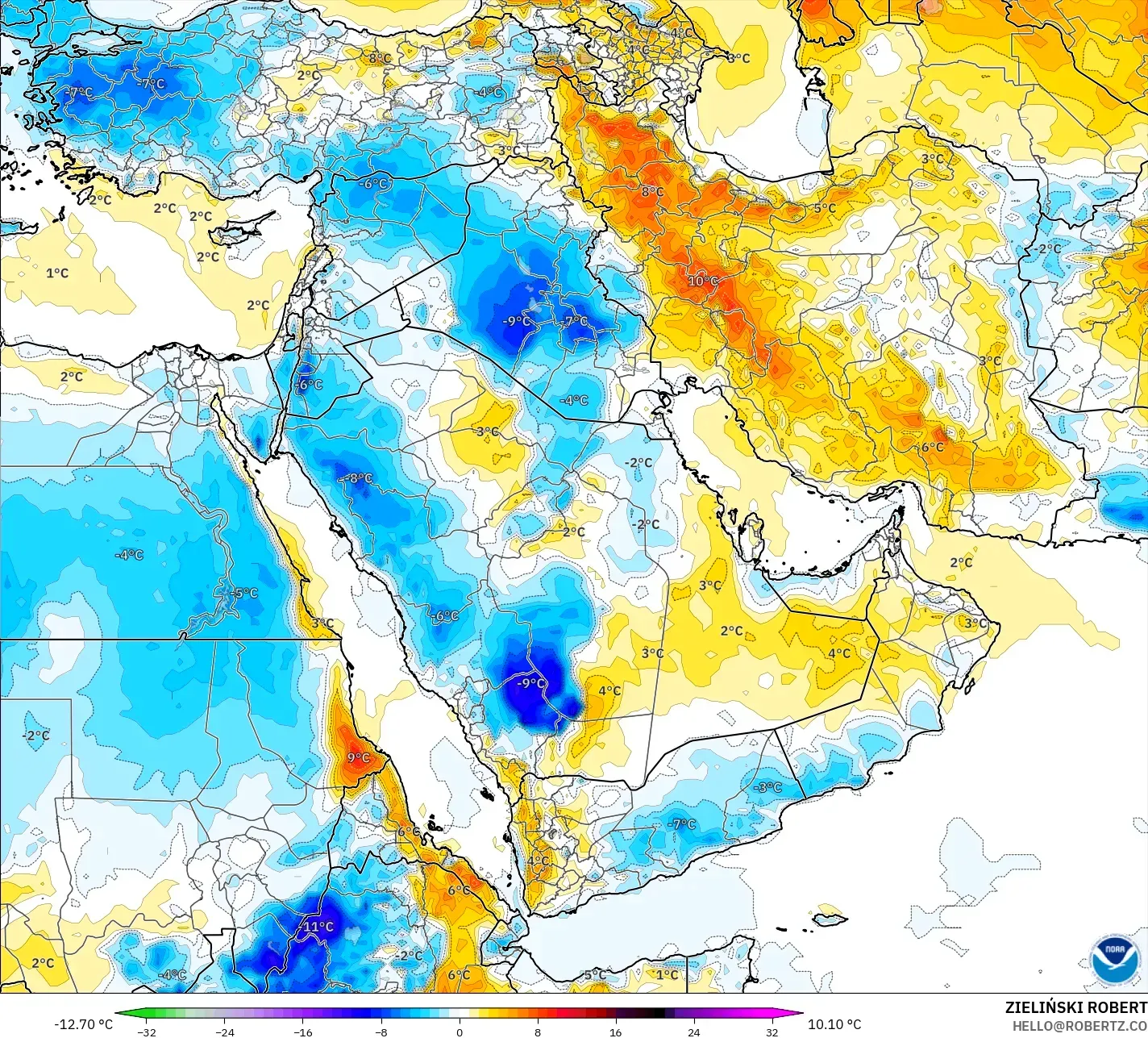GFS モデル - 中東, 気温異常（2m）