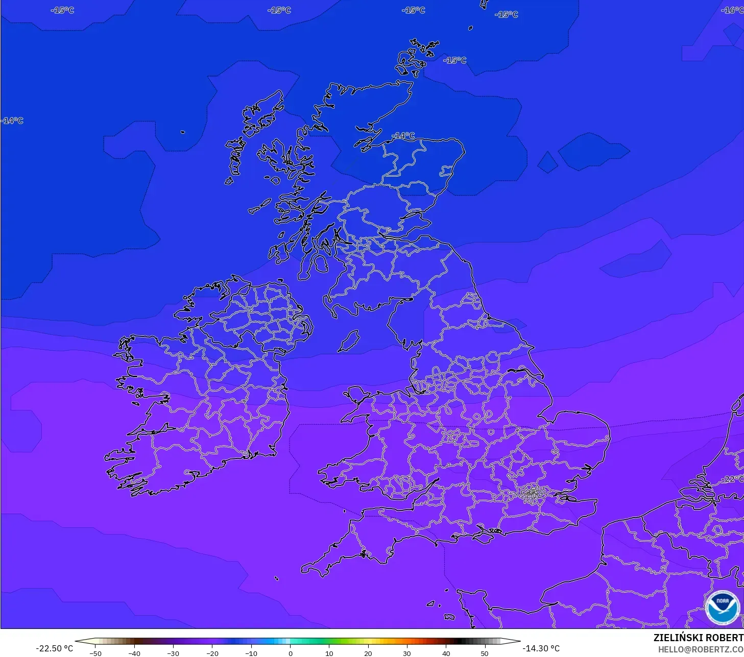 GFS モデル - イギリス, 気温（500hPa）