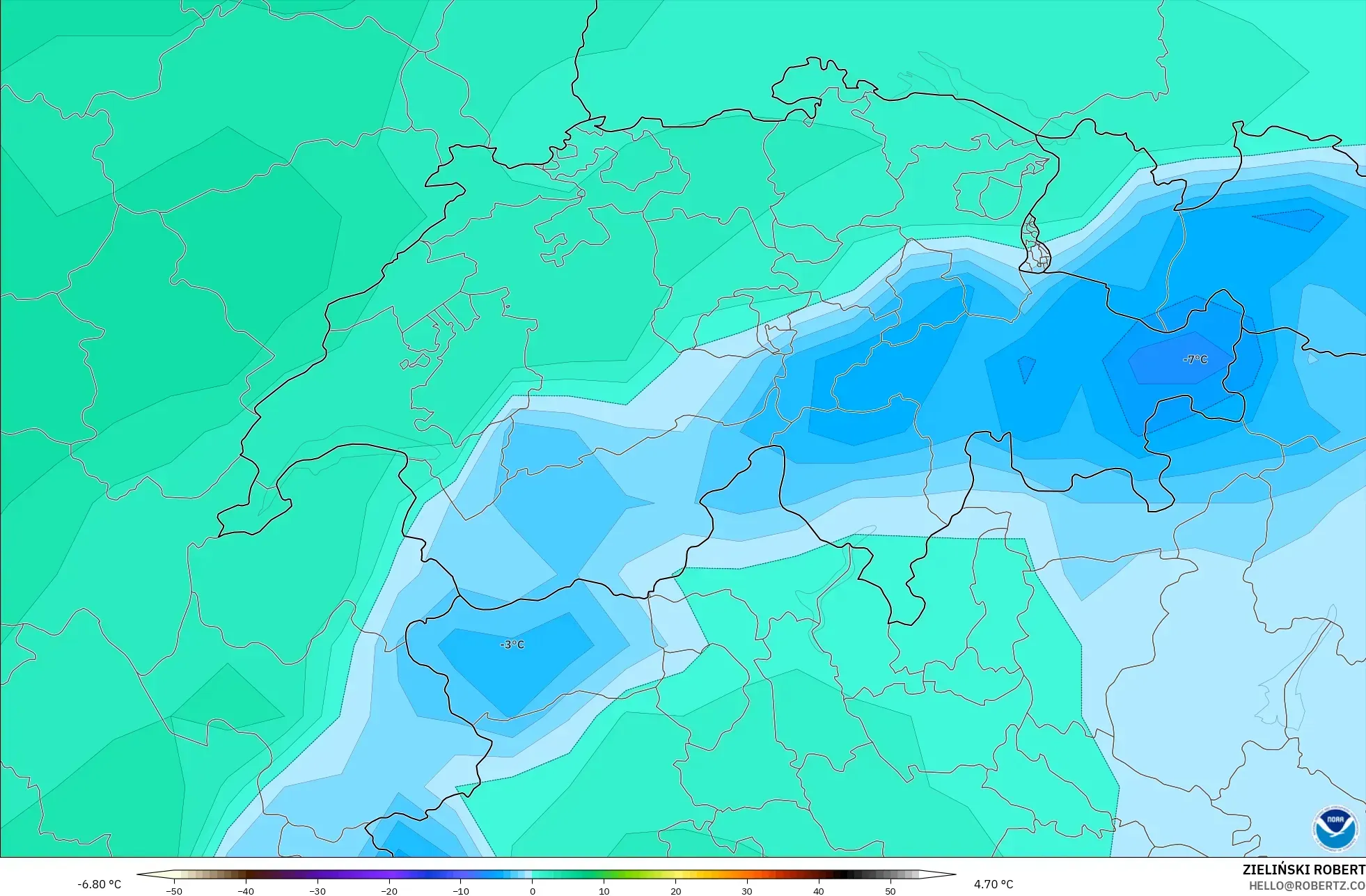 GFS モデル - スイス, 気温（850hPa）