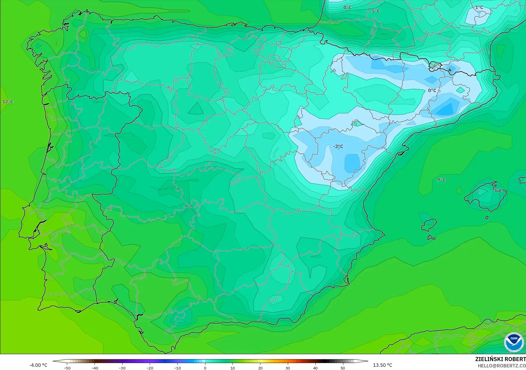 GFS モデル - スペイン, 露点温度（2m）