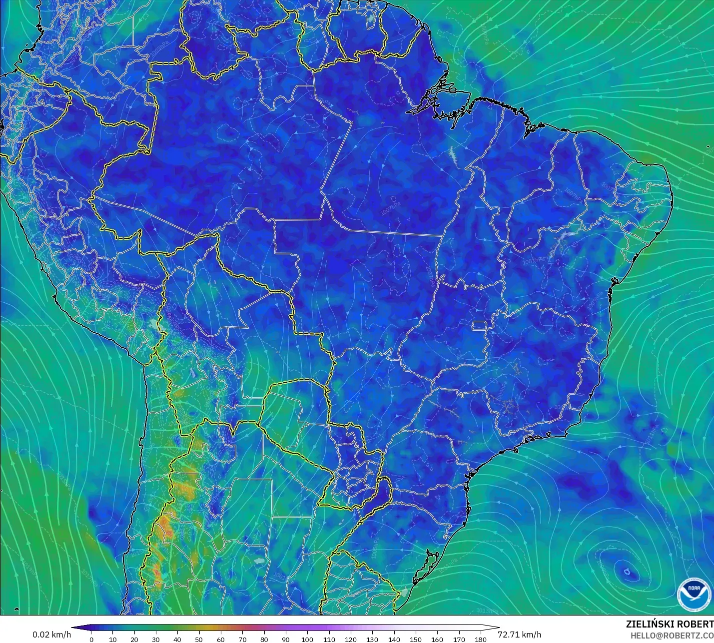 GFS モデル - ブラジル, 風速（10m）