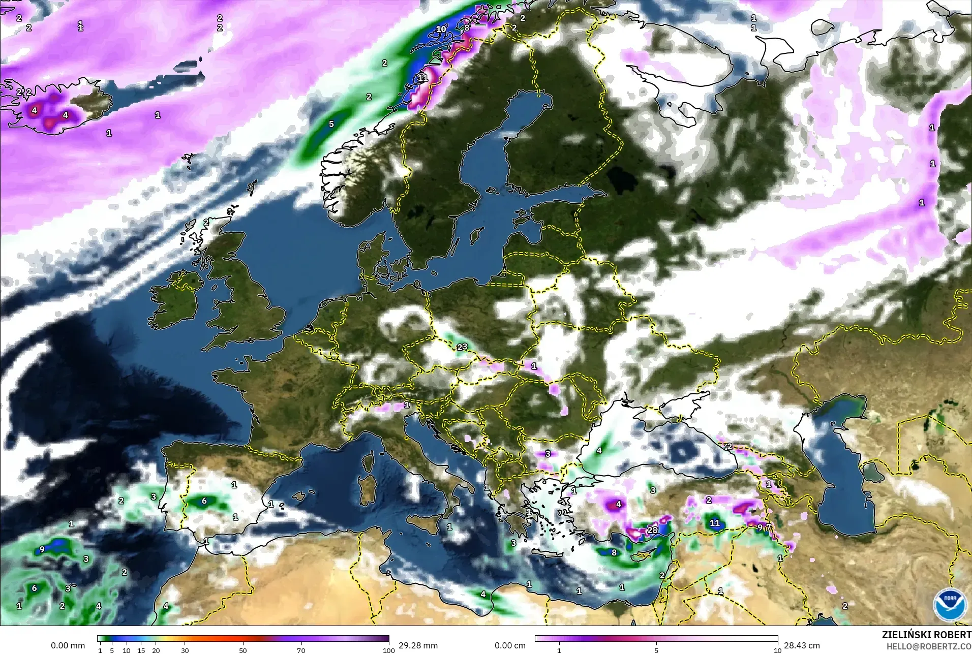 GFS モデル - ヨーロッパ, 降水量、雲、気圧
