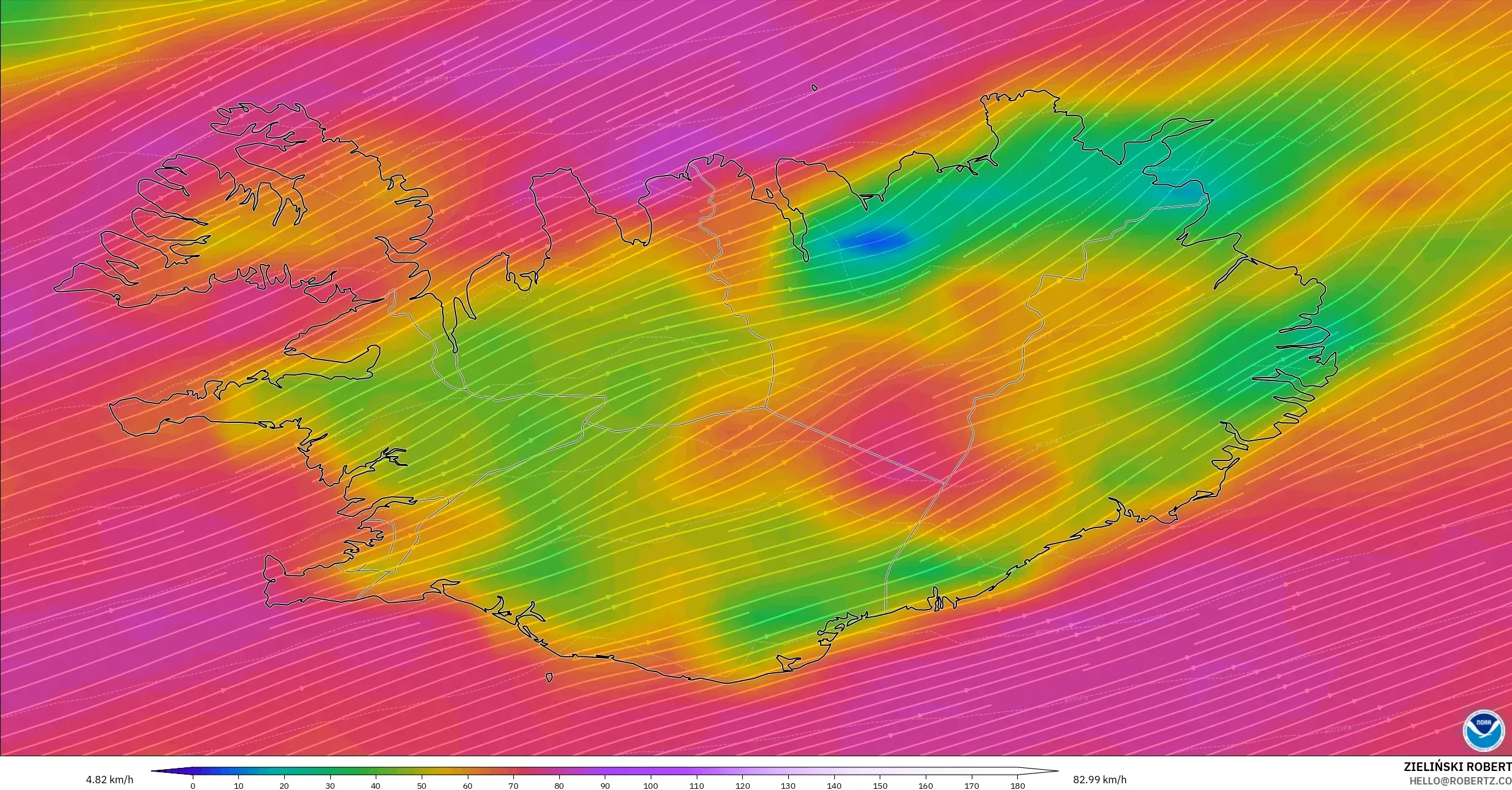 GFS モデル - アイスランド, 風速（10m）