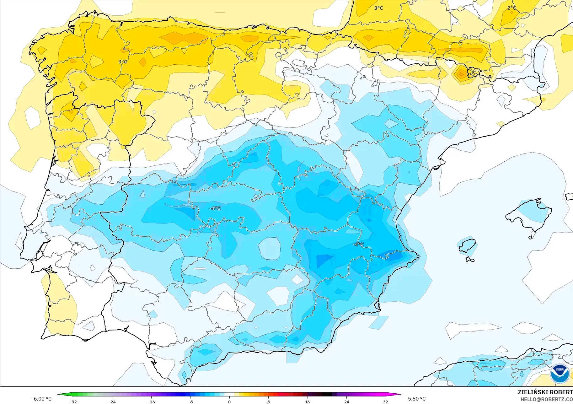 GFS モデル - スペイン, 気温異常（2m）