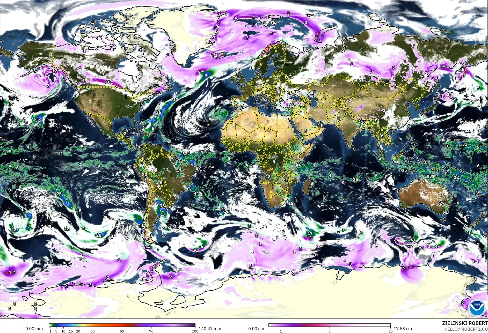 GFS モデル - 世界, 降水量、雲、気圧