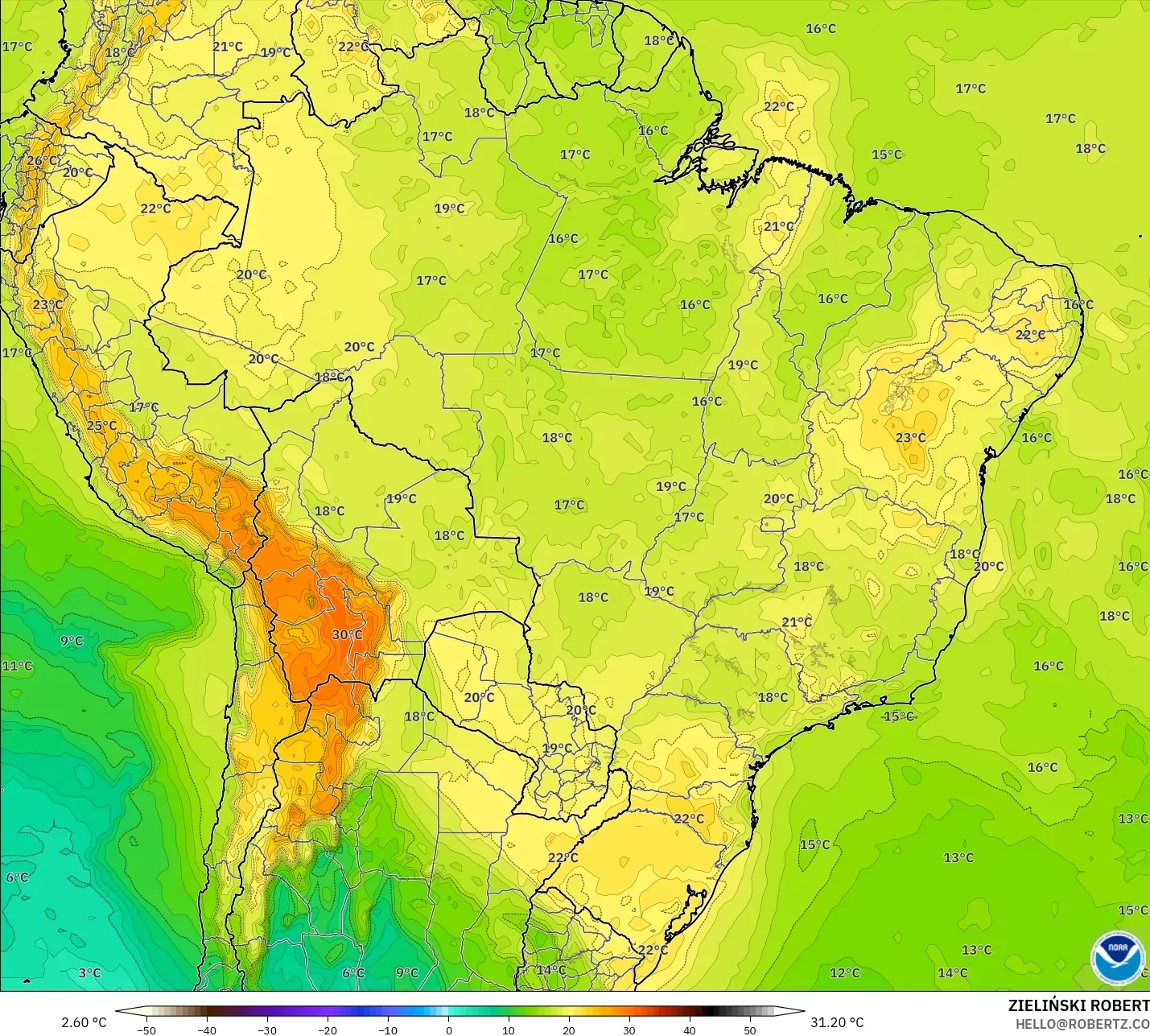 GFS モデル - ブラジル, 気温（850hPa）