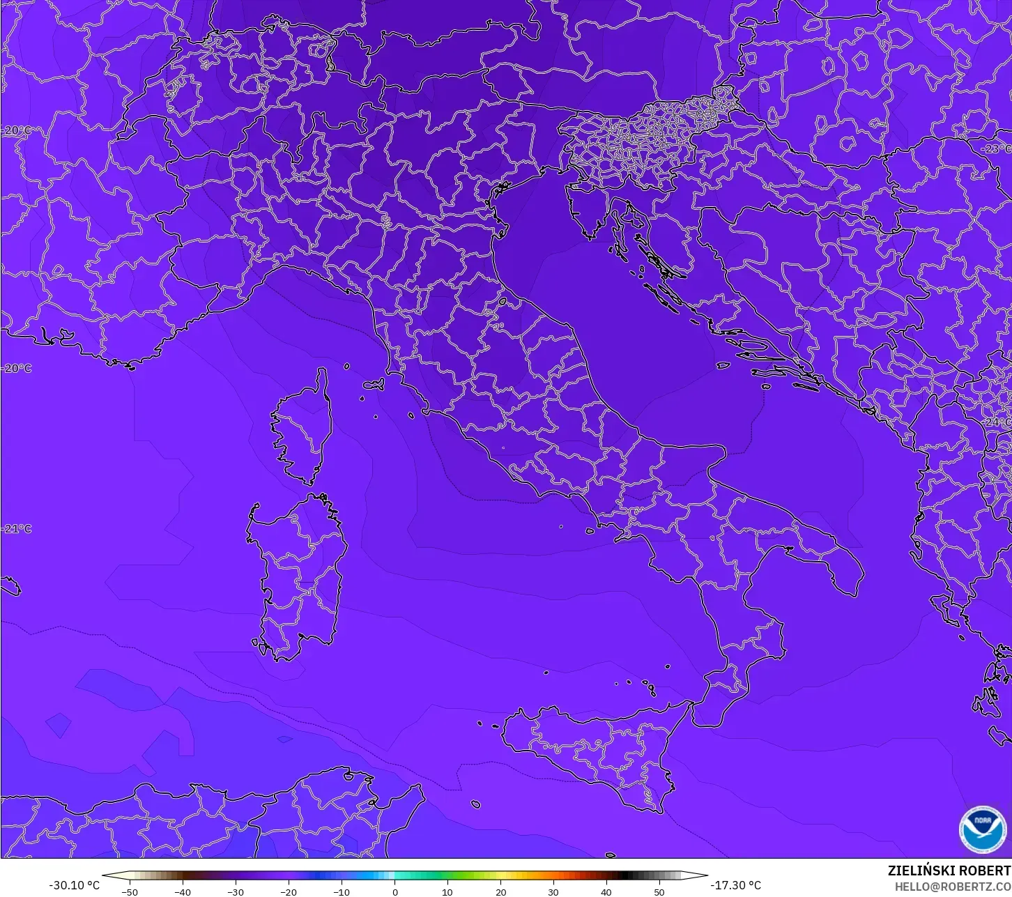 GFS モデル - イタリア, 気温（500hPa）