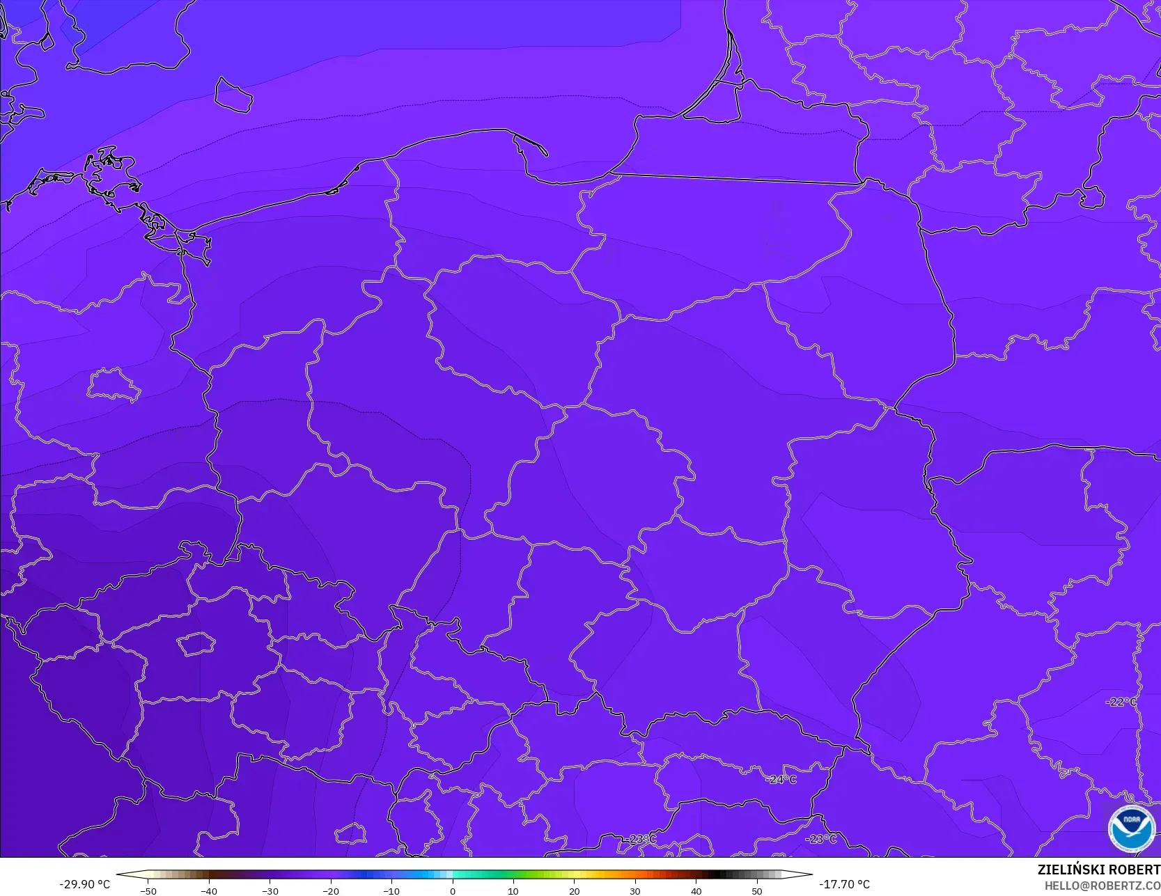 GFS モデル - ポーランド, 気温（500hPa）
