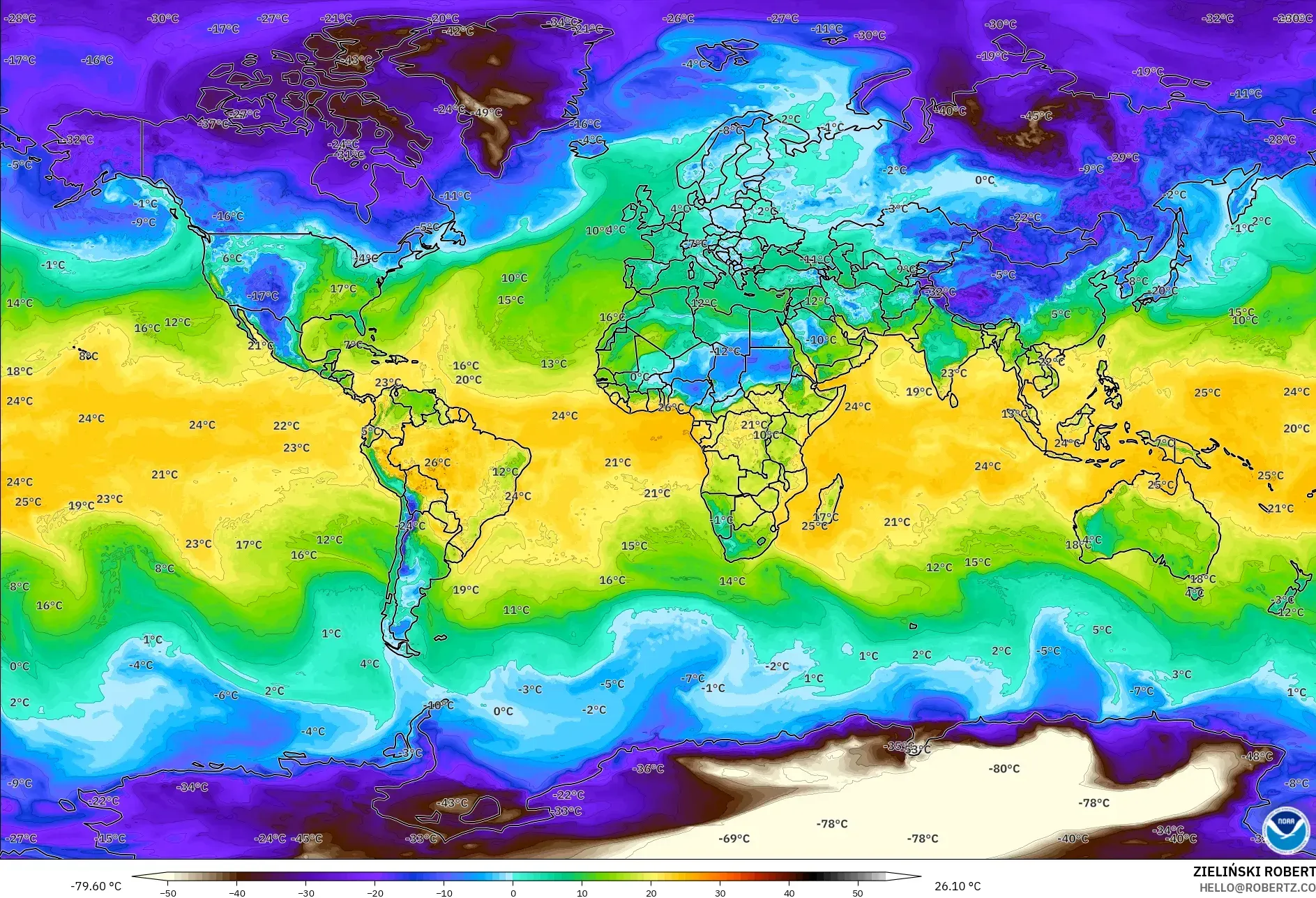 GFS モデル - 世界, 露点温度（2m）