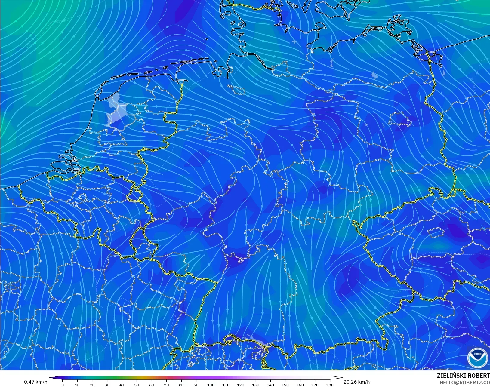 GFS モデル - ドイツ, 風速（10m）
