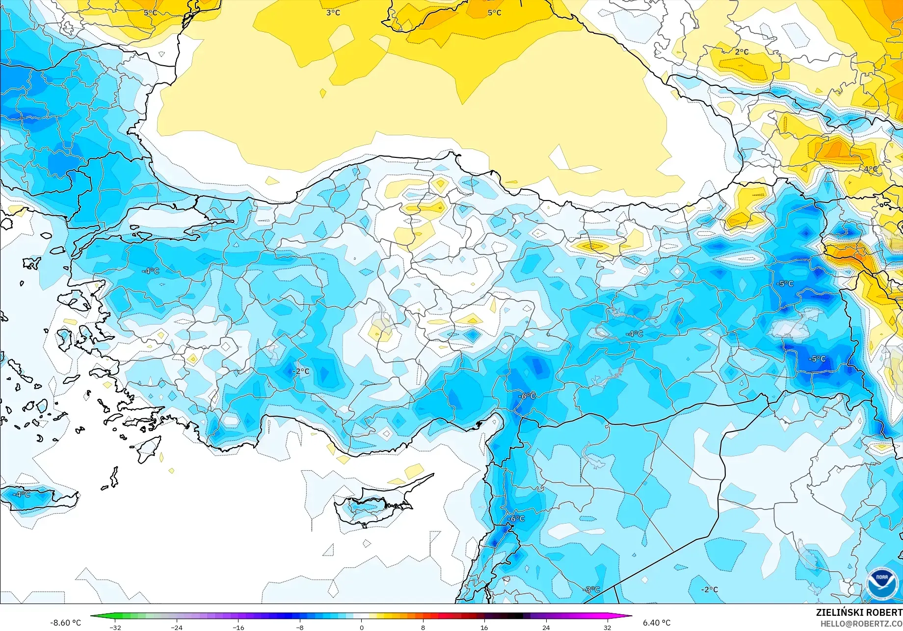 GFS モデル - トルコ, 気温異常（2m）