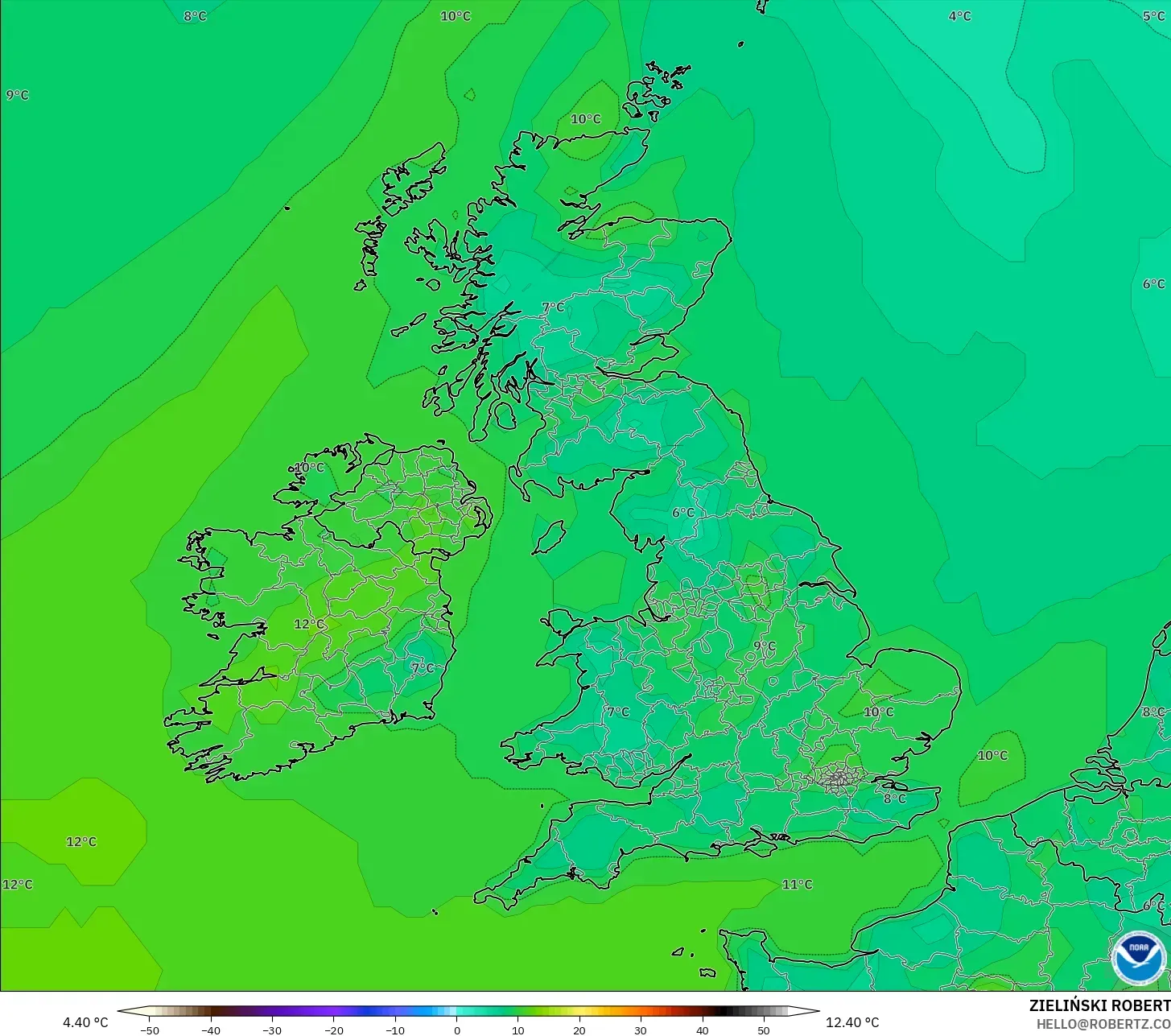 GFS モデル - イギリス, 気温（2m）