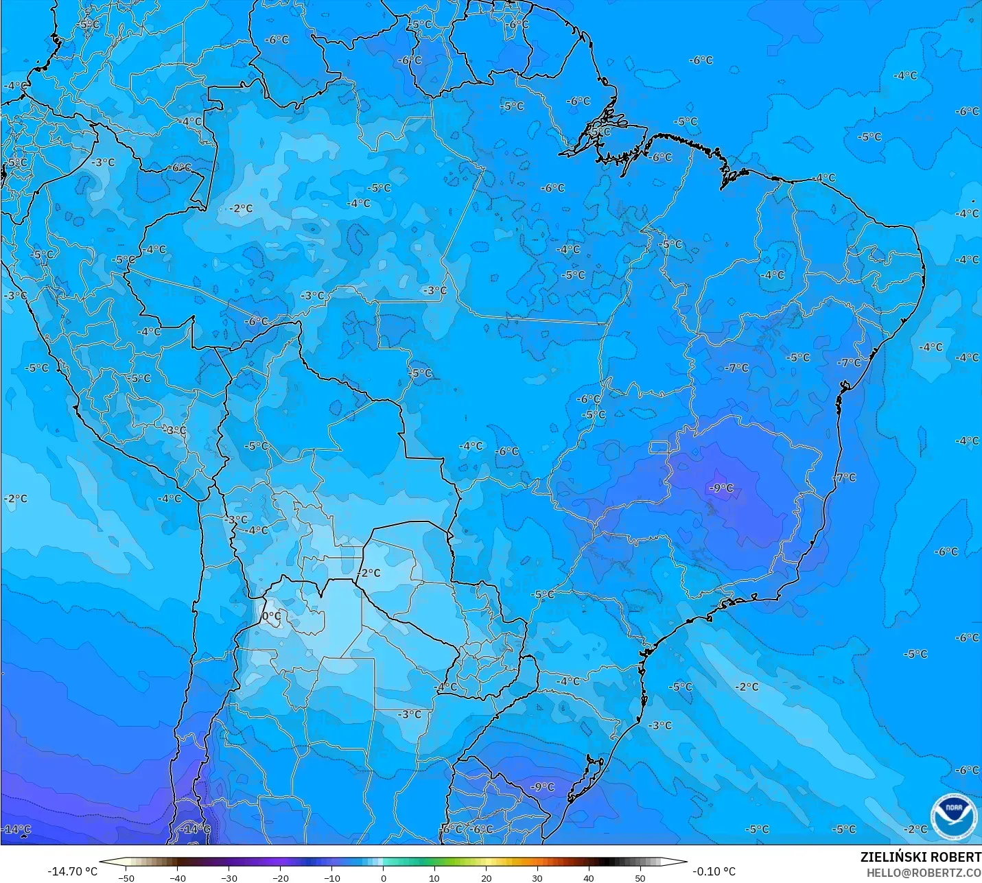 GFS モデル - ブラジル, 気温（500hPa）