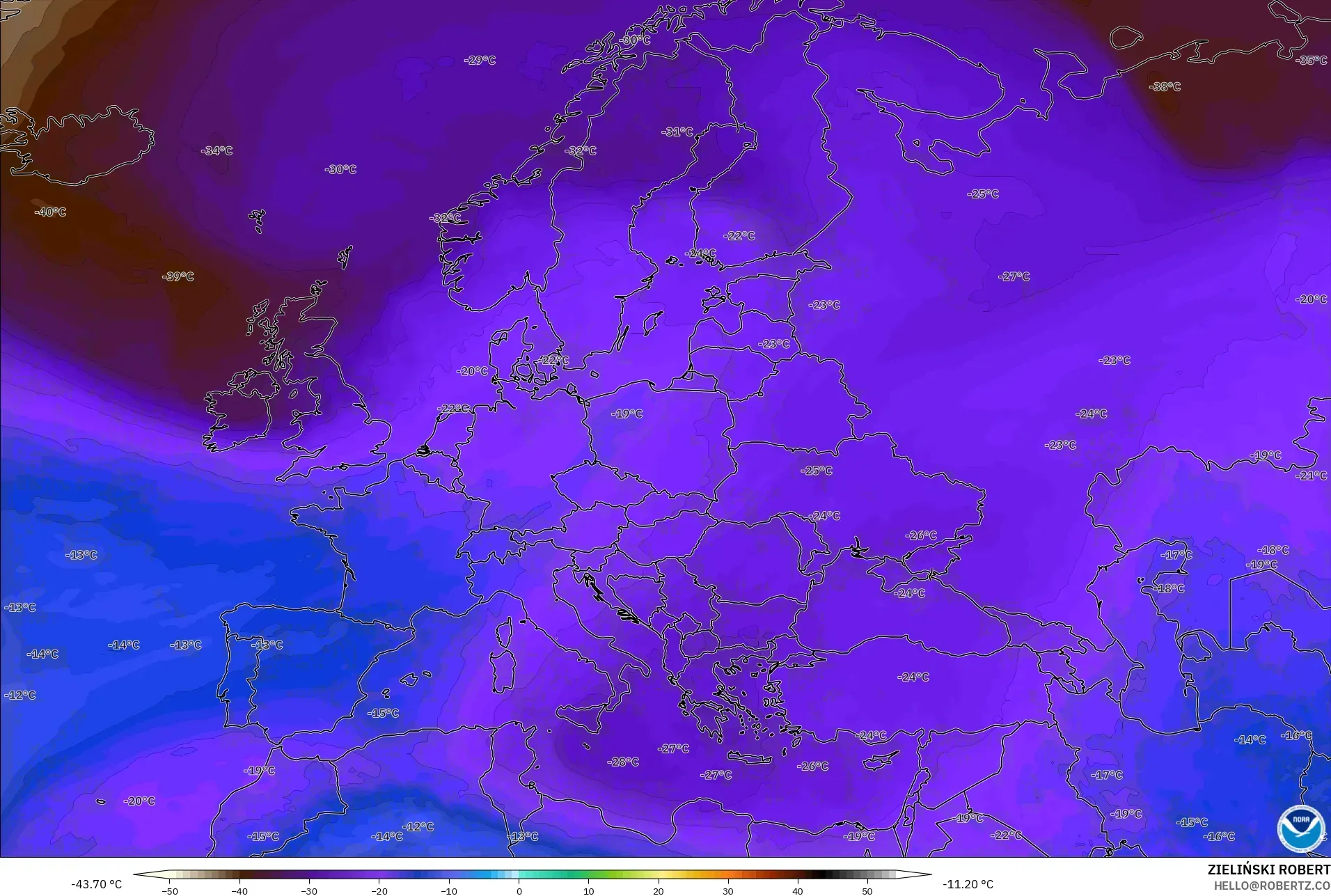 GFS モデル - ヨーロッパ, 気温（500hPa）