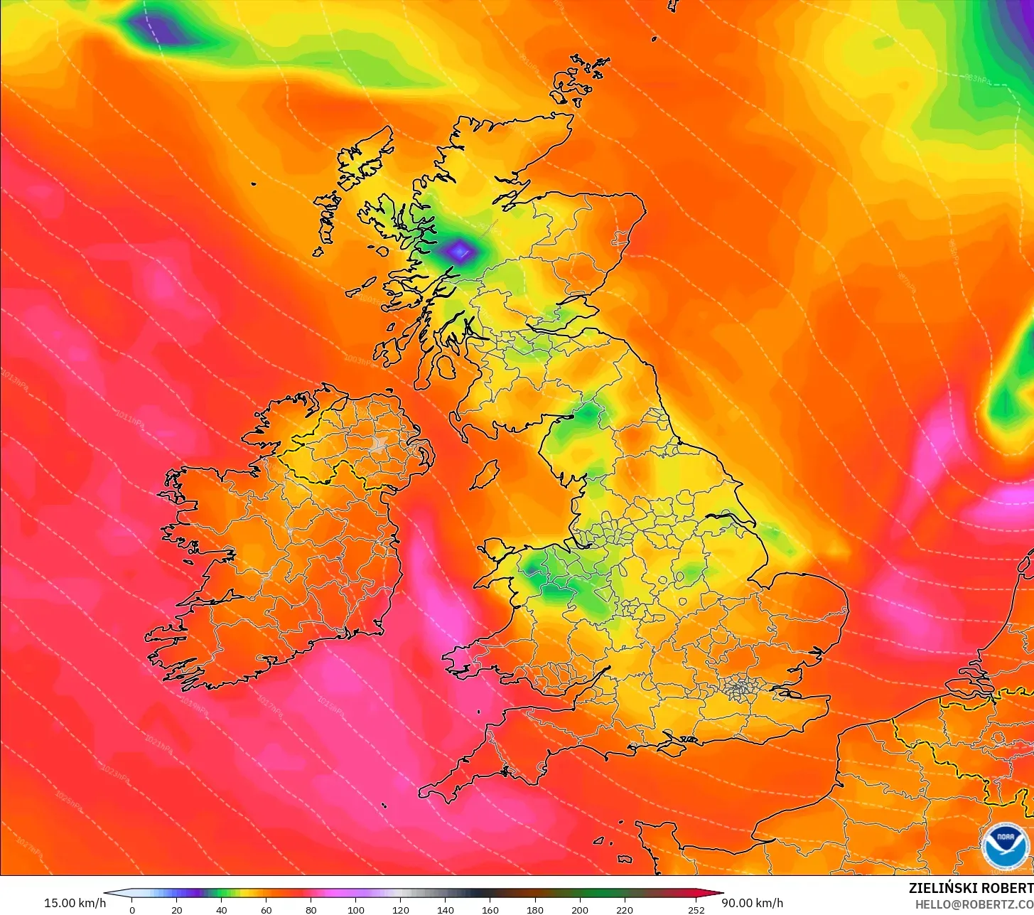 GFS モデル - イギリス, 突風