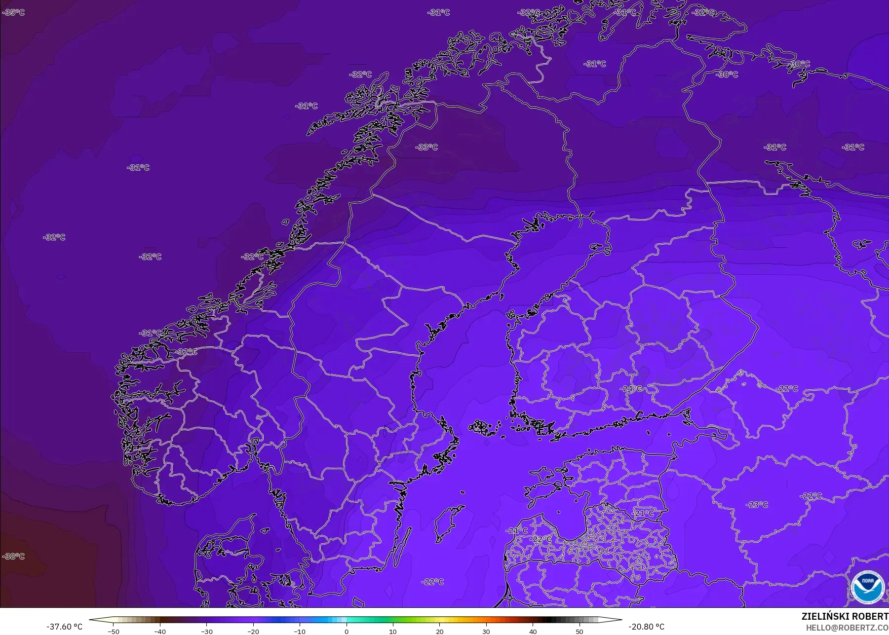 GFS モデル - スカンジナビア, 気温（500hPa）