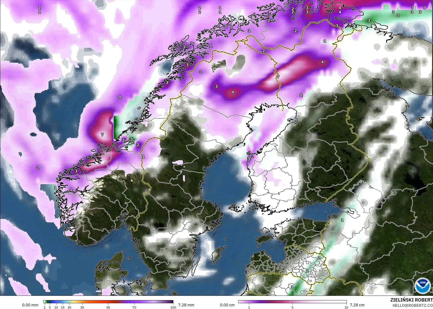 GFS モデル - スカンジナビア, 降水量、雲、気圧