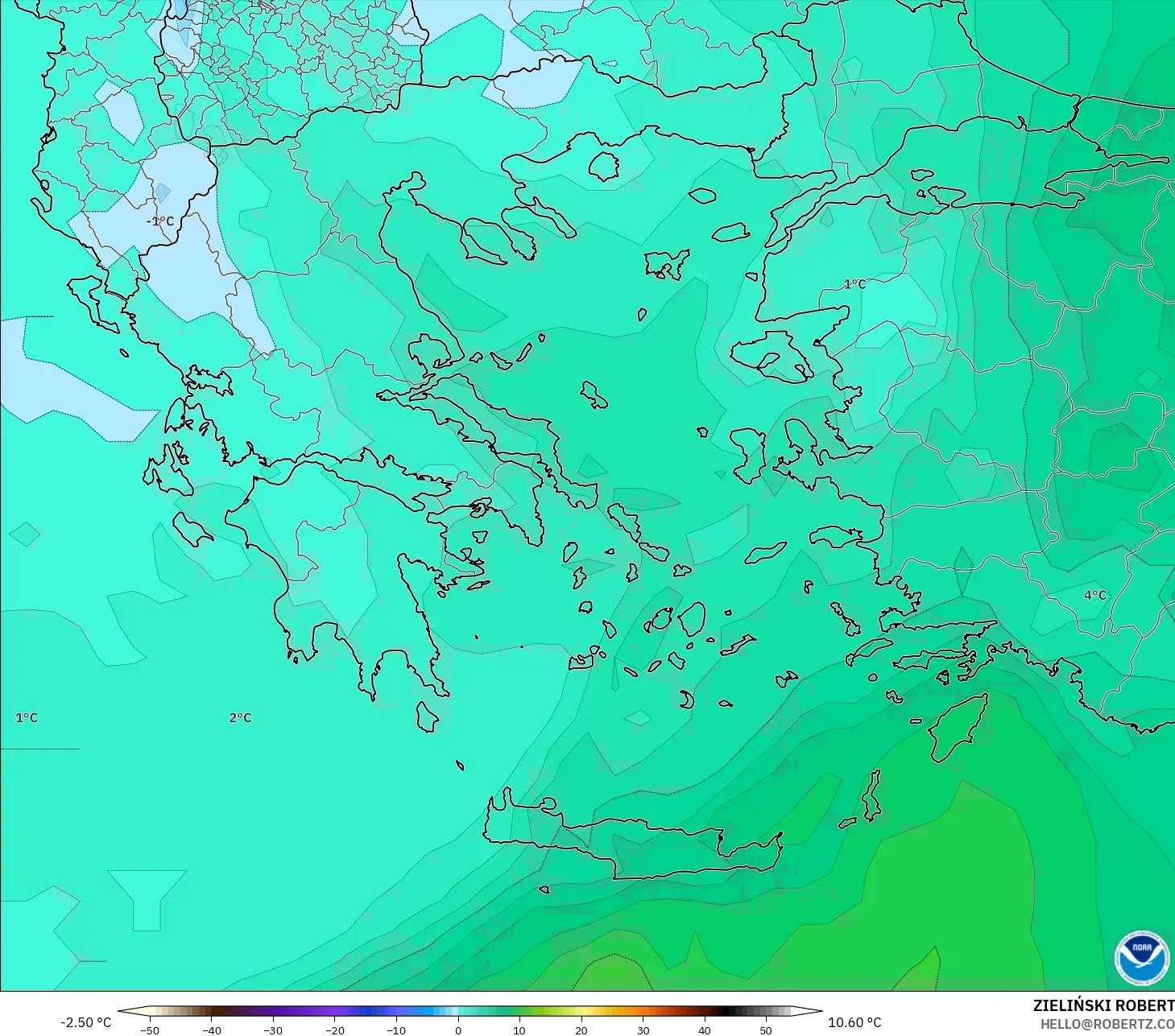 GFS モデル - ギリシャ, 気温（850hPa）