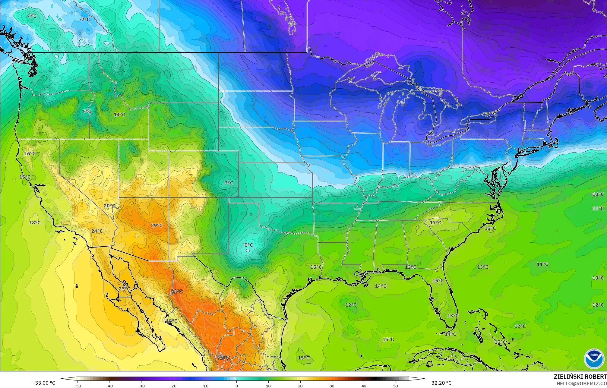 GFS モデル - アメリカ合衆国, 気温（850hPa）