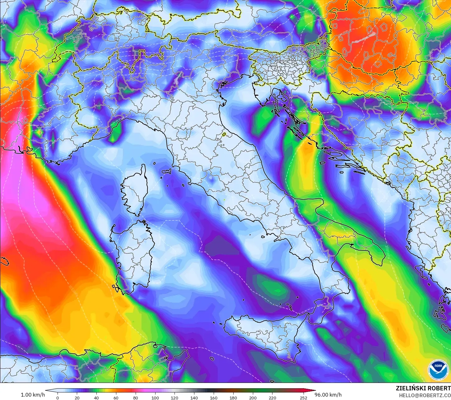 GFS モデル - イタリア, 突風