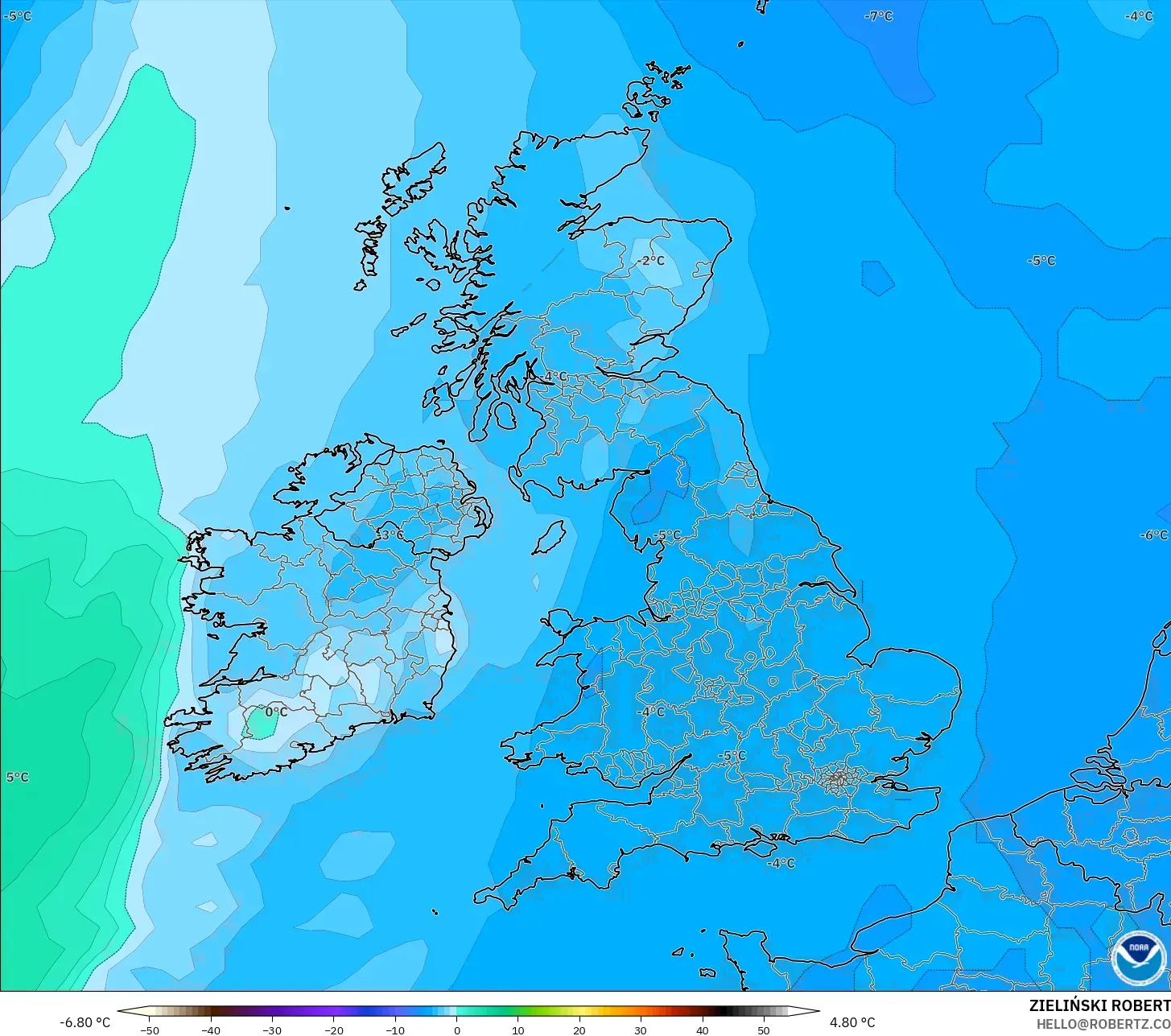 GFS モデル - イギリス, 気温（850hPa）