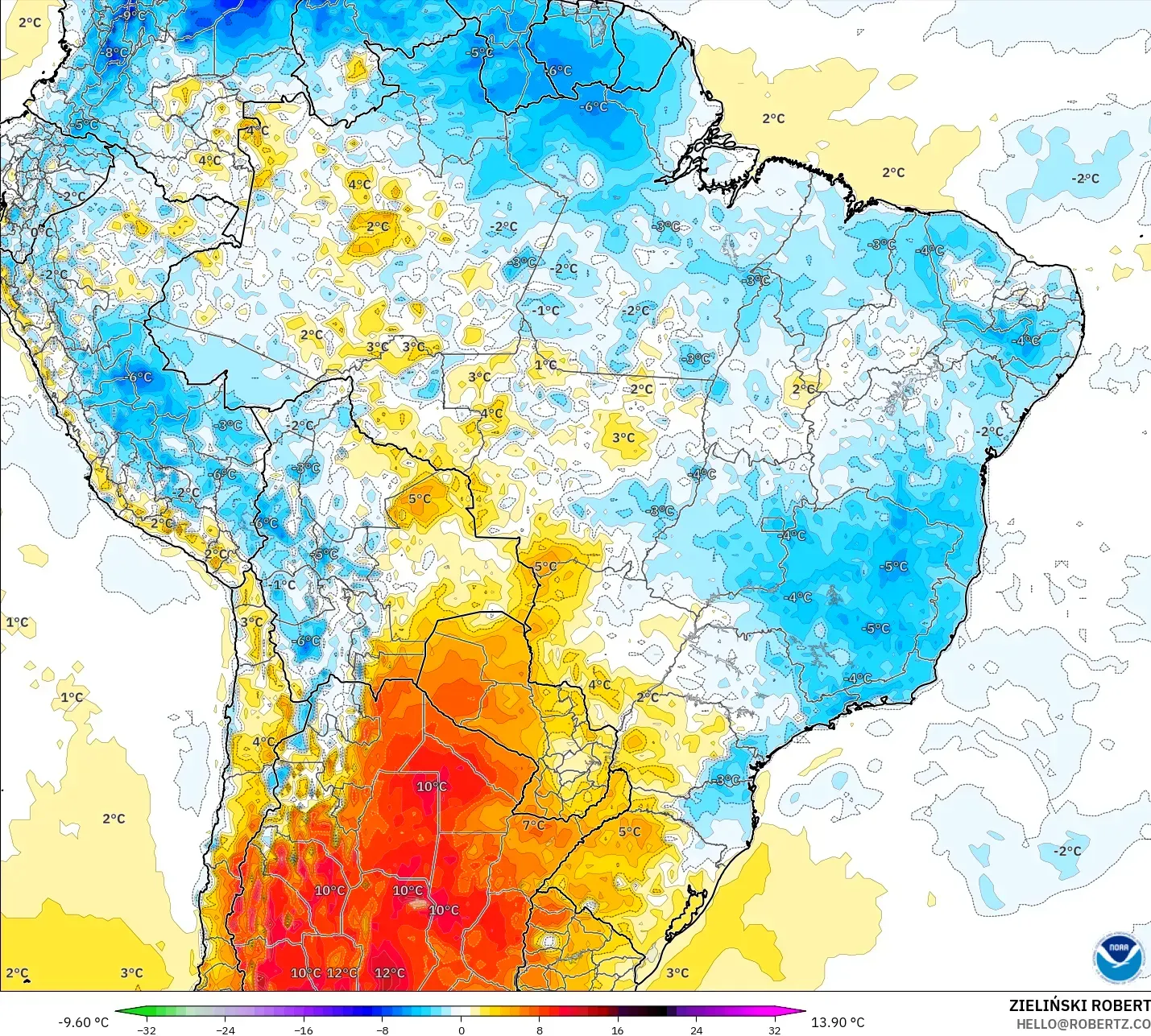 GFS モデル - ブラジル, 気温異常（2m）