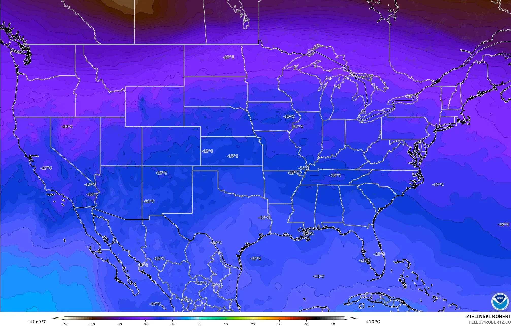 GFS モデル - アメリカ合衆国, 気温（500hPa）