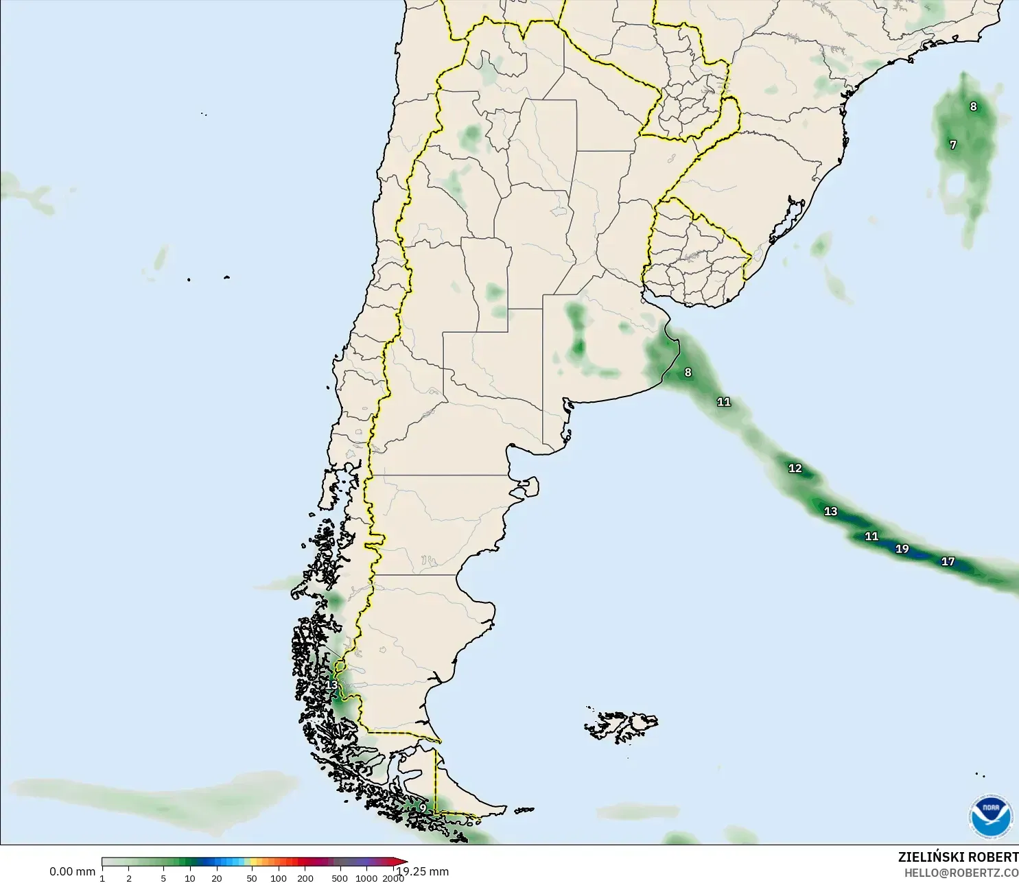 GFS モデル - アルゼンチン, 降水量の合計