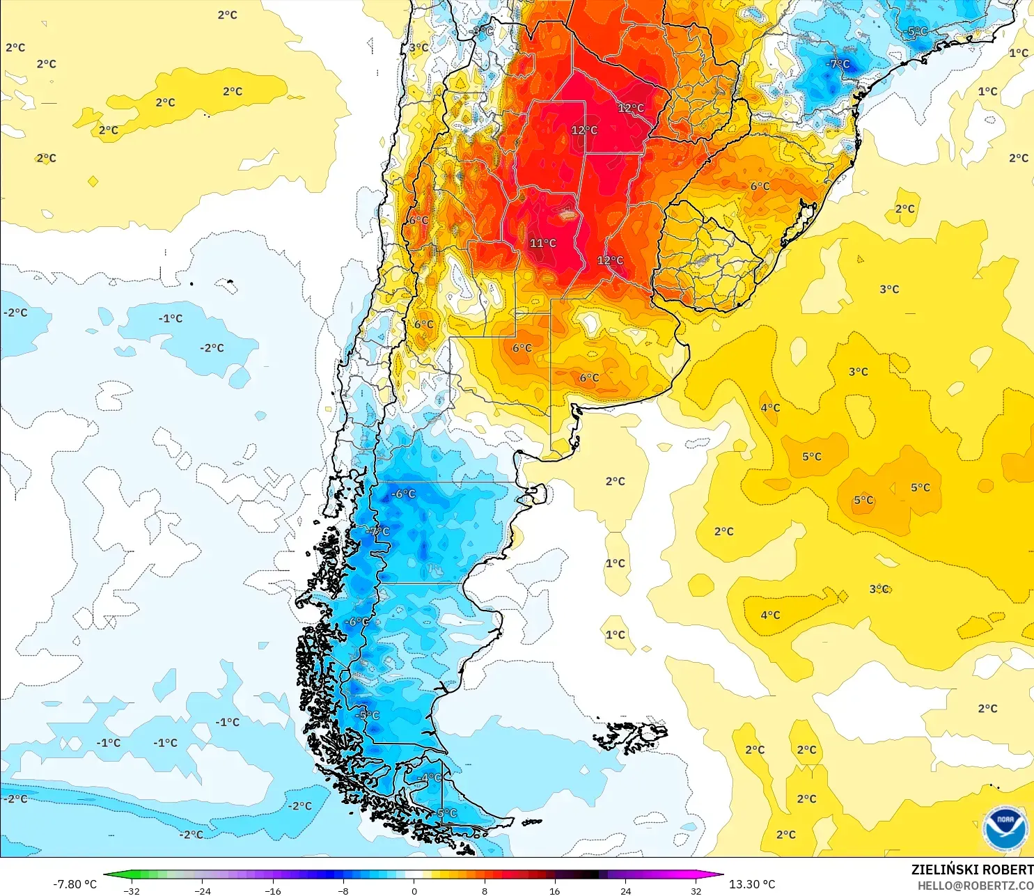 GFS モデル - アルゼンチン, 気温異常（2m）