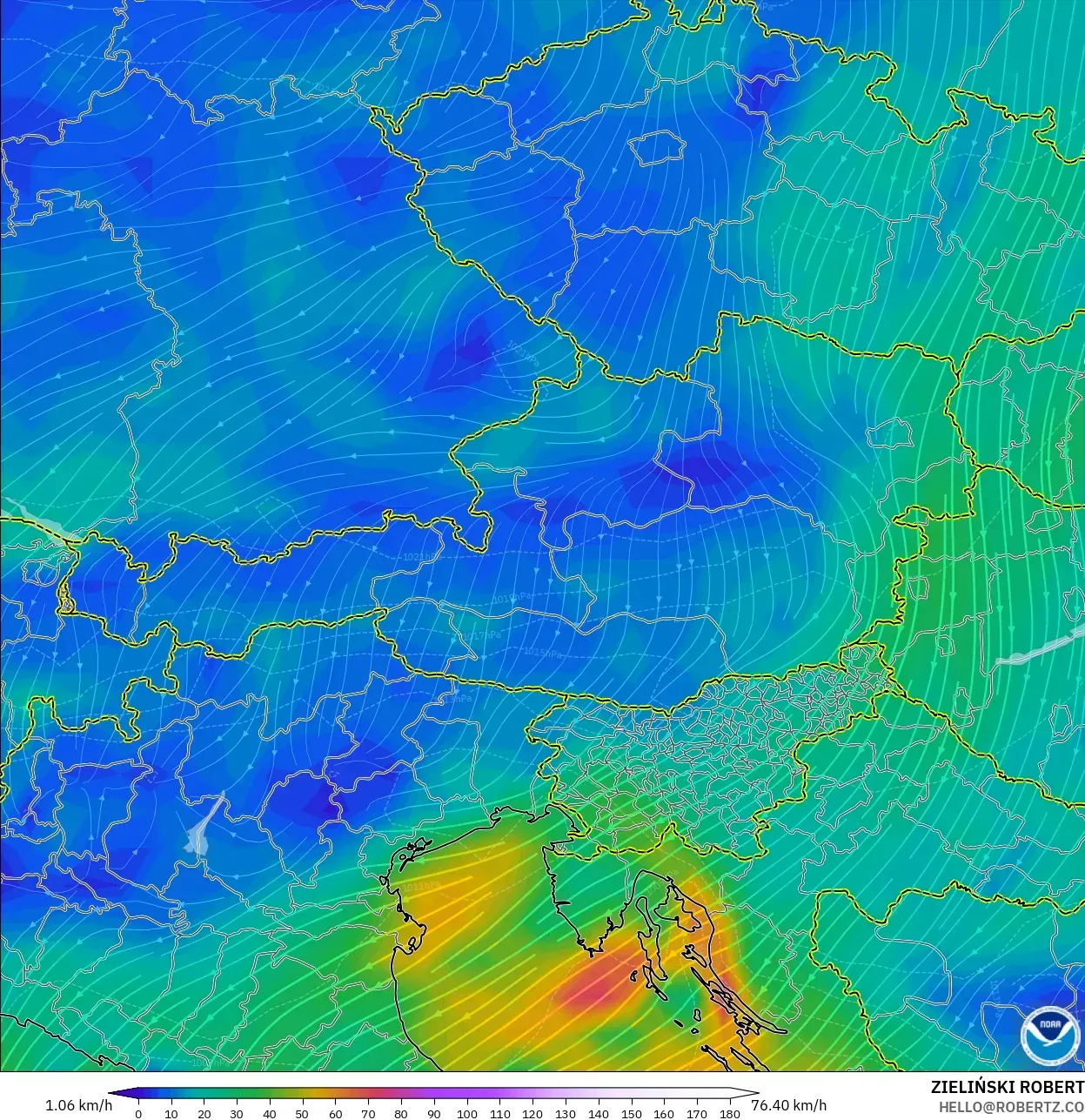 GFS モデル - オーストリア, 風速（10m）