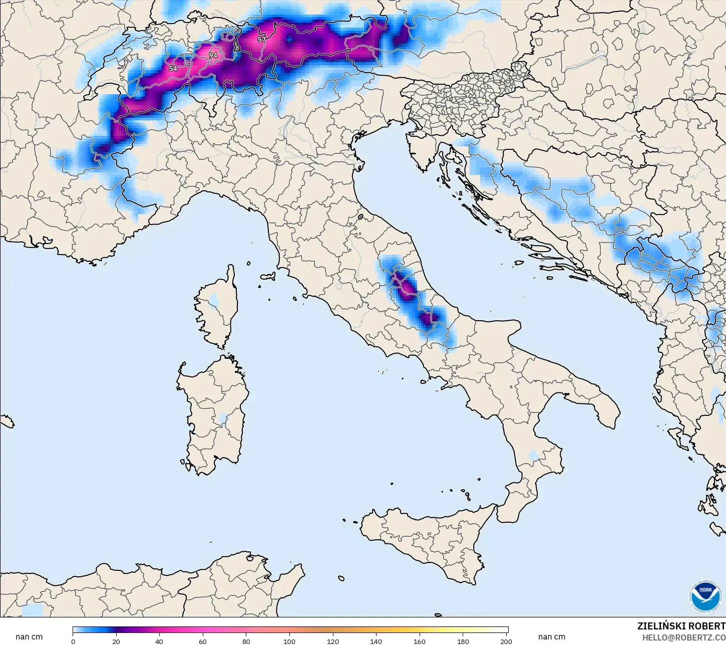 GFS モデル - イタリア, 積雪深