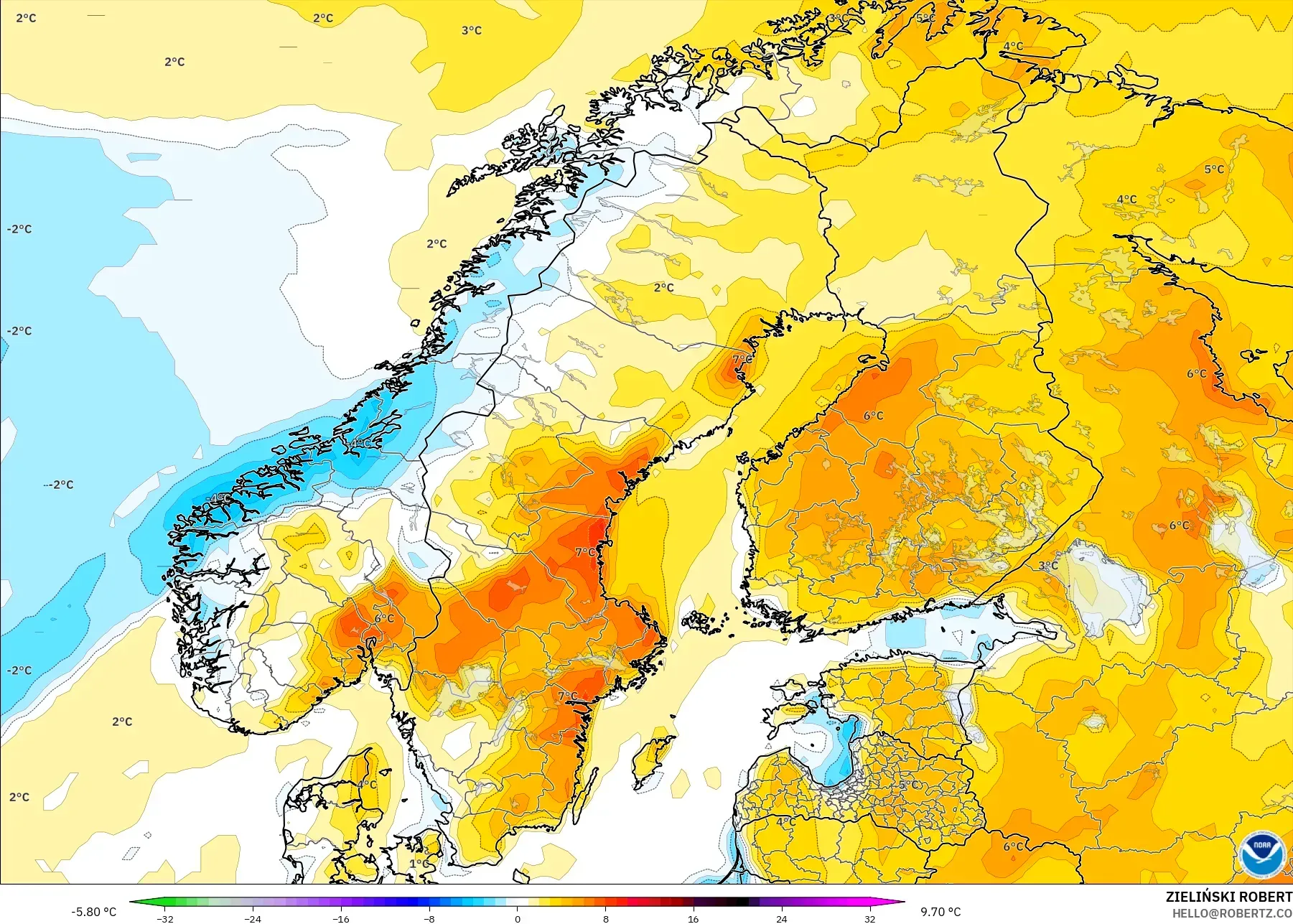 GFS モデル - スカンジナビア, 気温異常（2m）