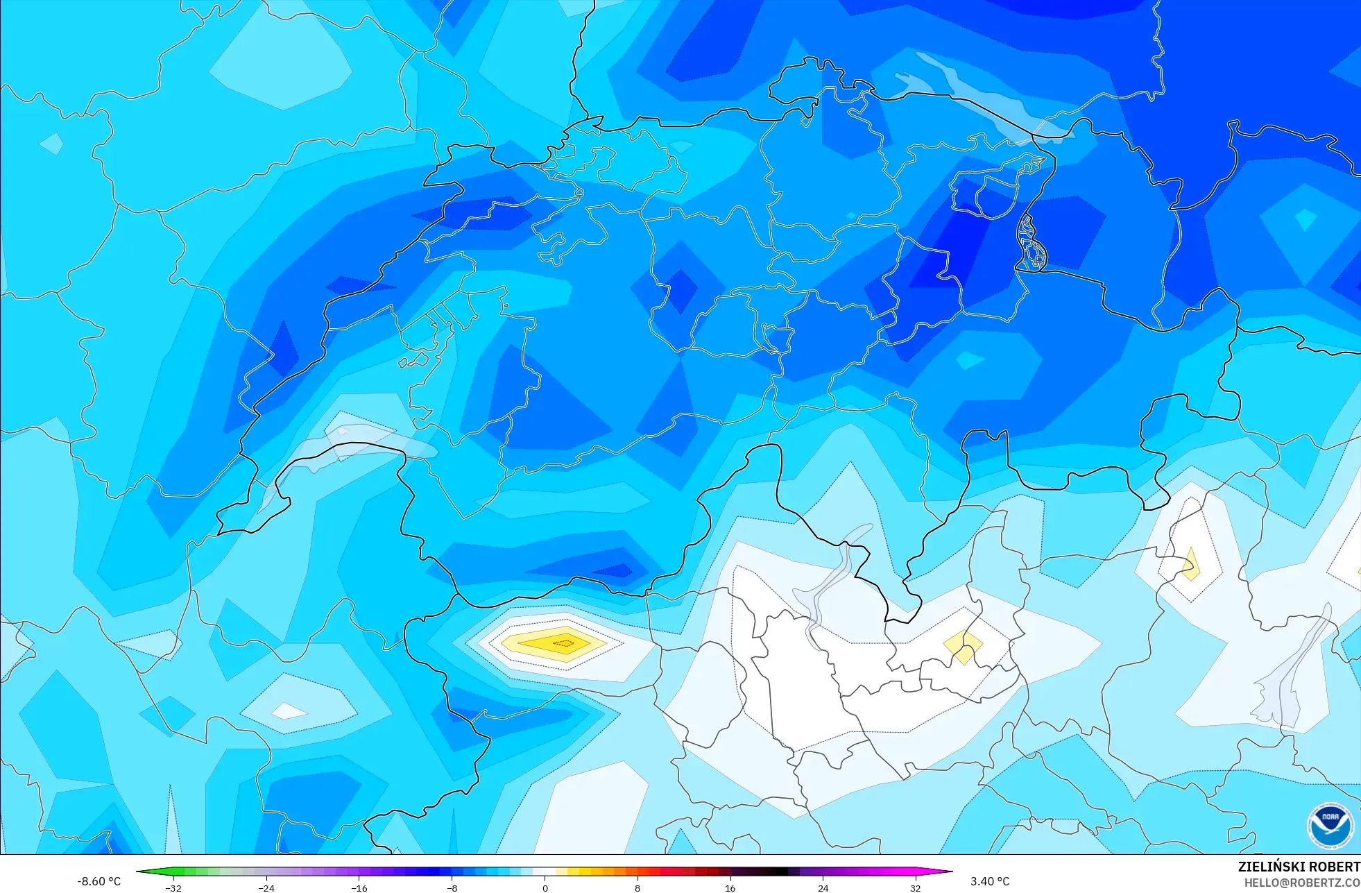 GFS モデル - スイス, 気温異常（2m）