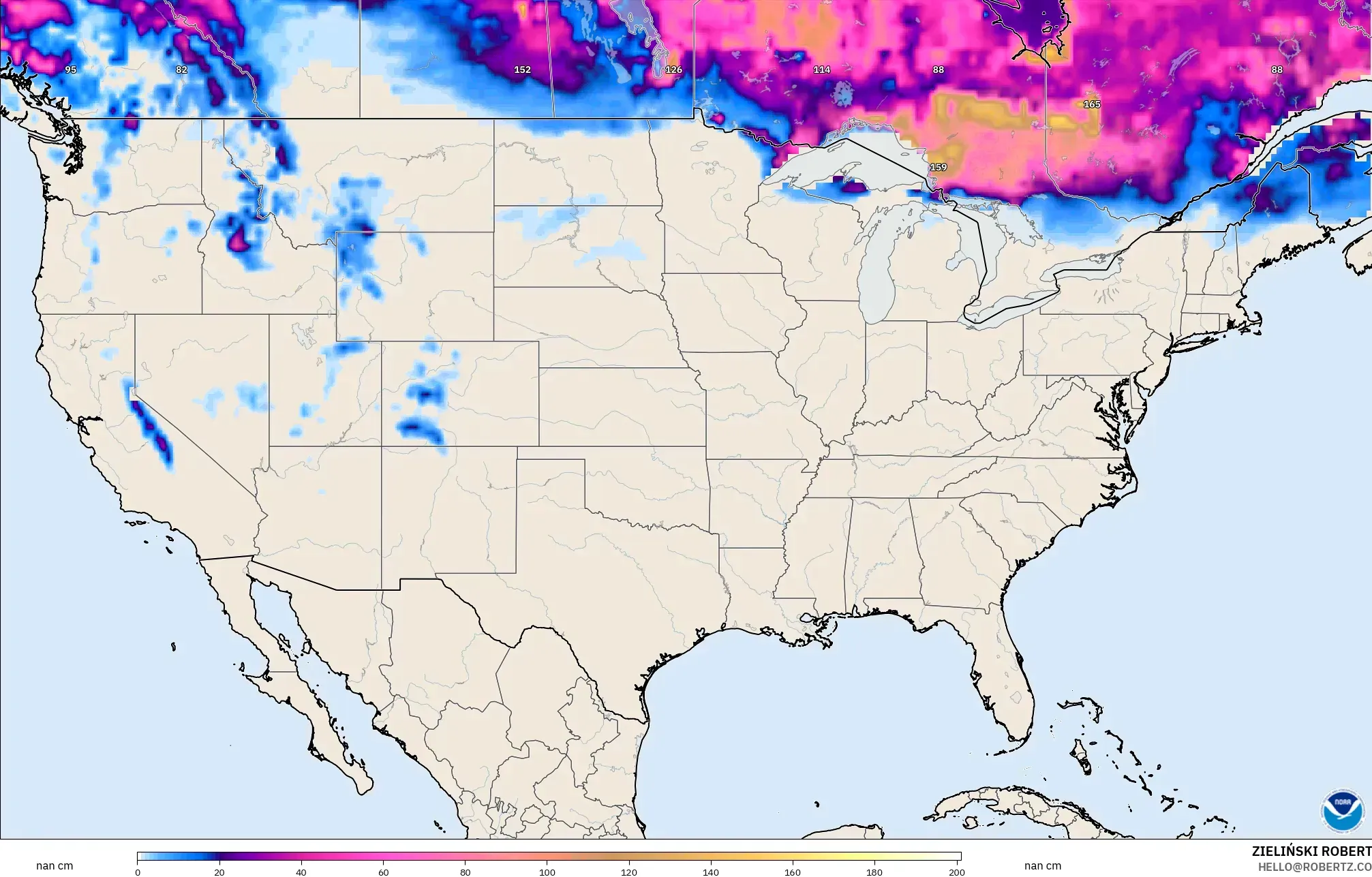 GFS モデル - アメリカ合衆国, 積雪深