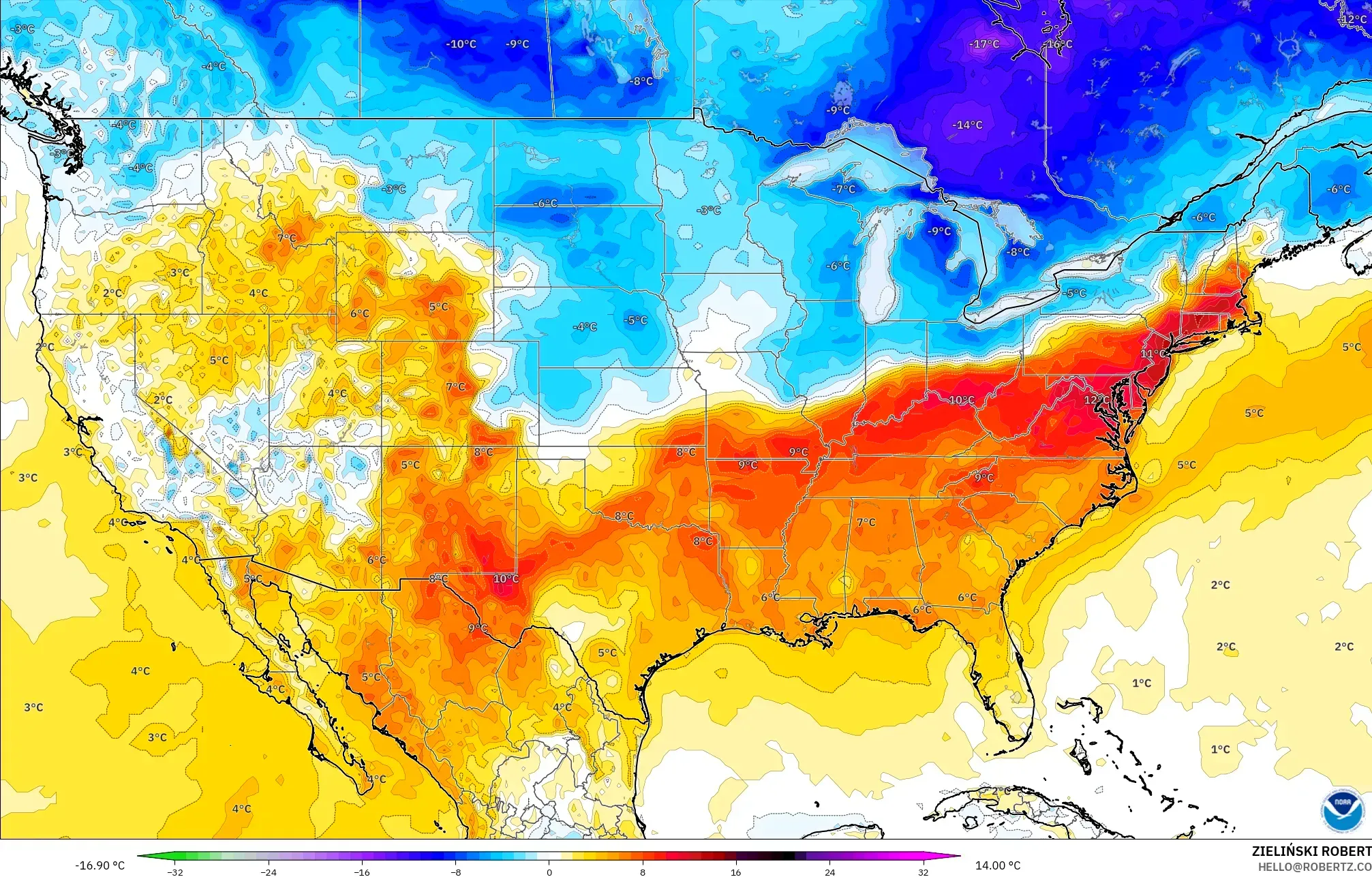 GFS モデル - アメリカ合衆国, 気温異常（2m）