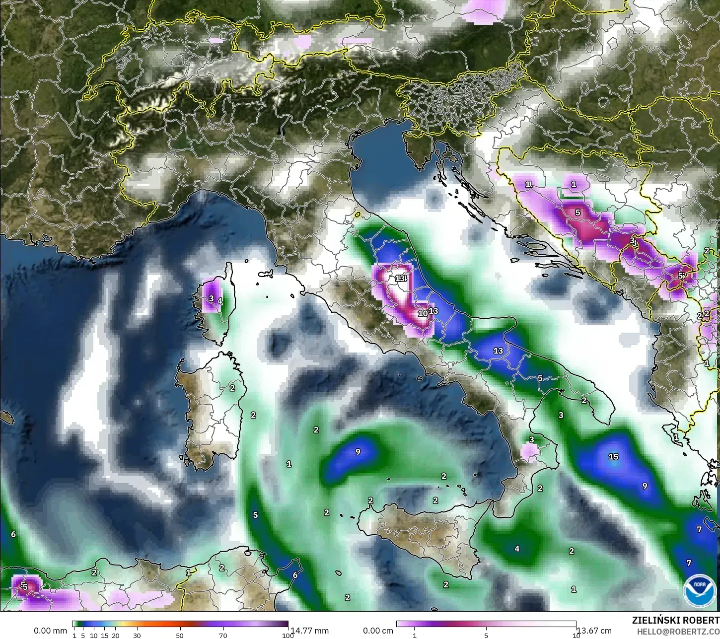 GFS モデル - イタリア, 降水量、雲、気圧