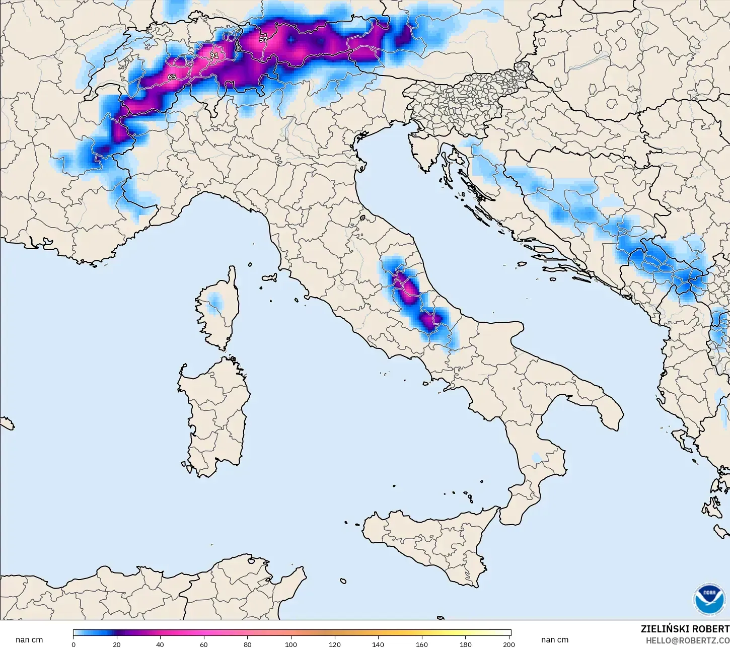 GFS モデル - イタリア, 積雪深