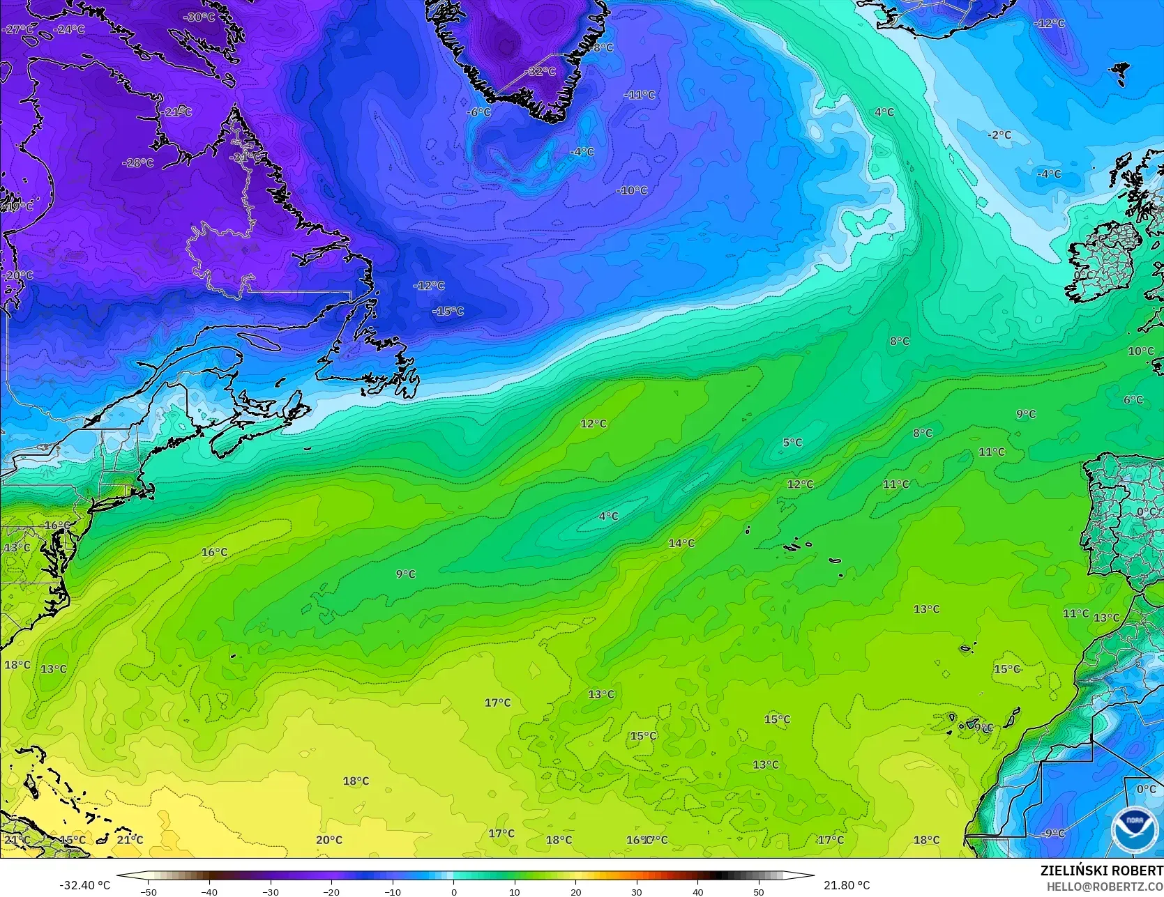 GFS モデル - 北大西洋, 露点温度（2m）