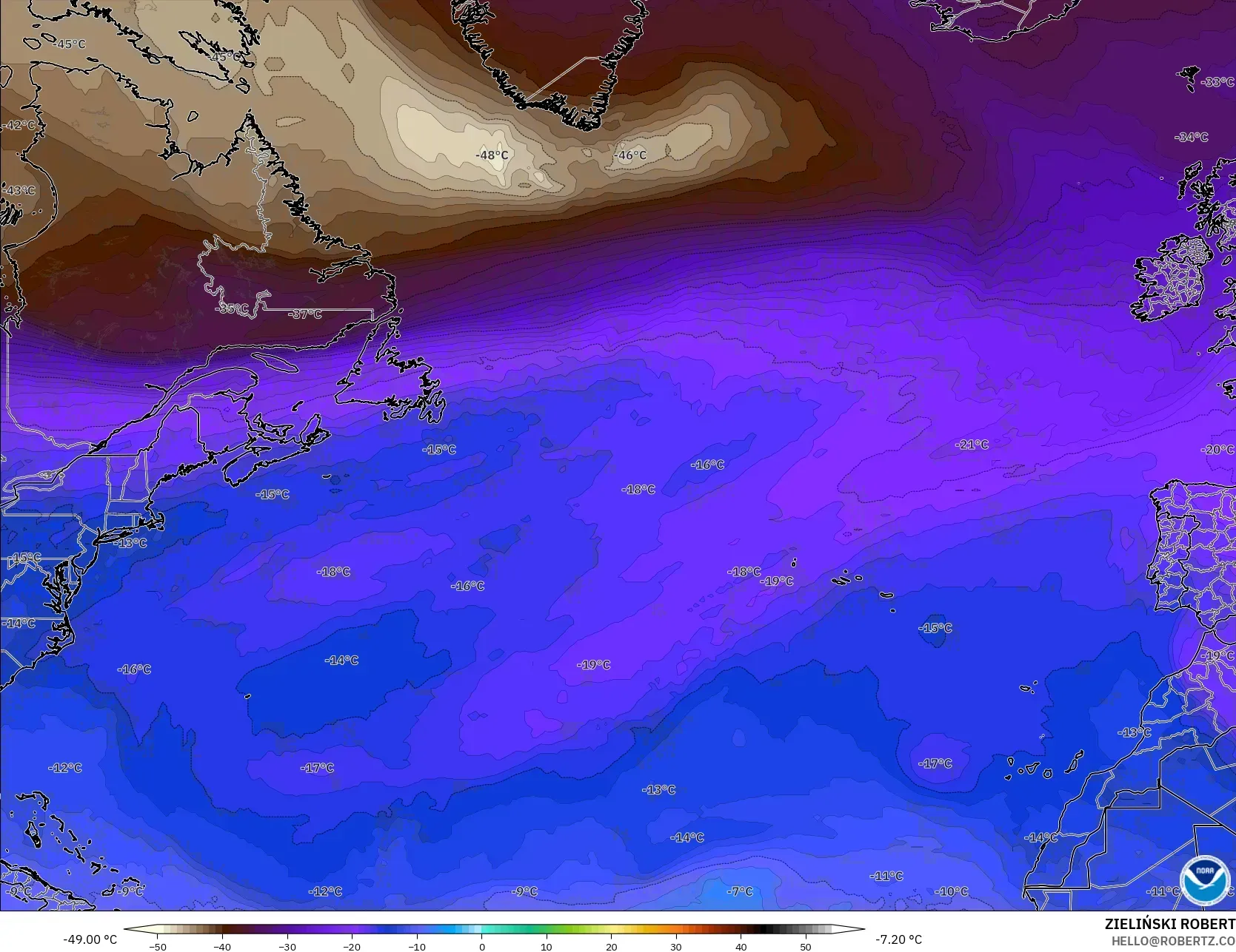 GFS モデル - 北大西洋, 気温（500hPa）