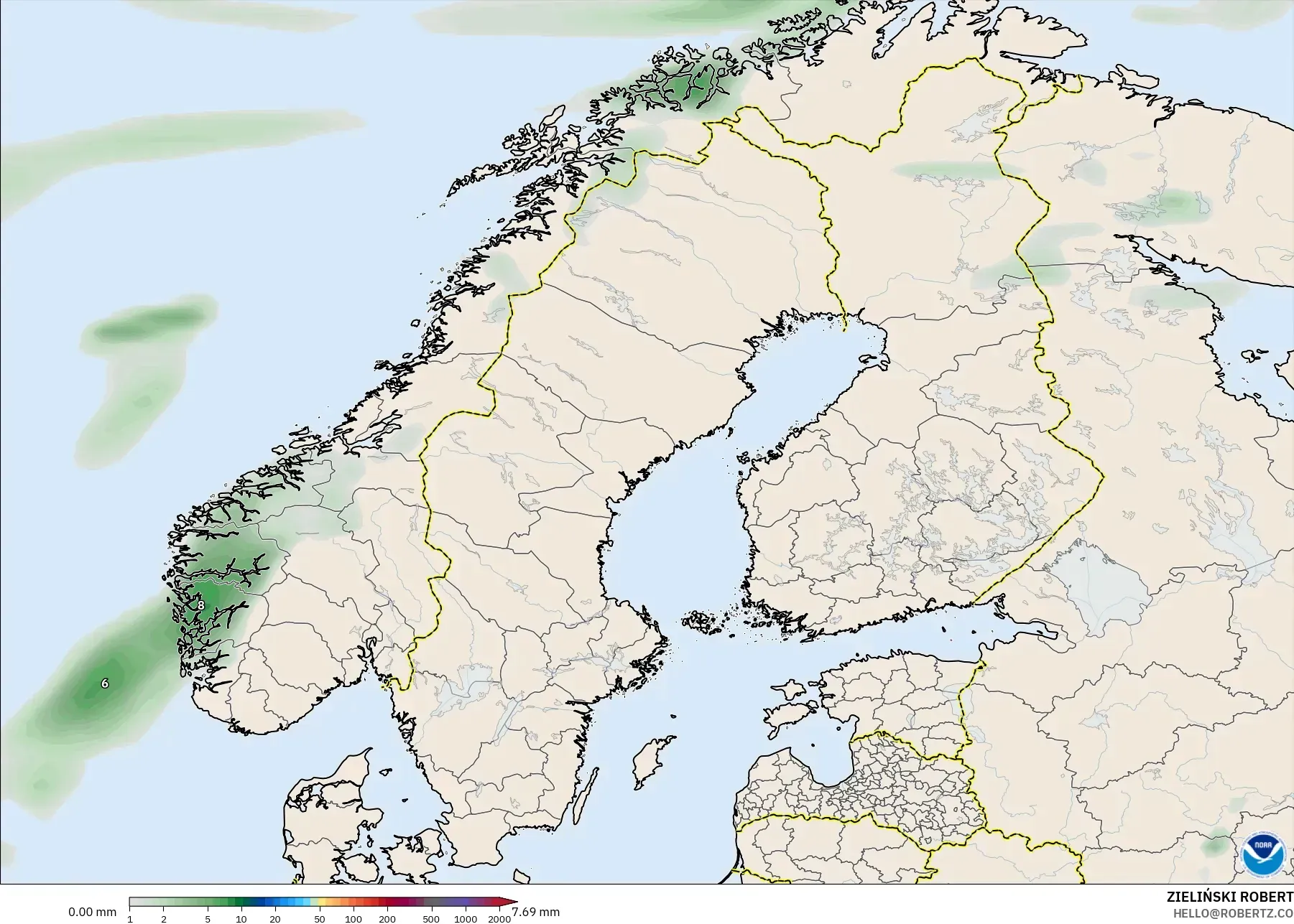 GFS モデル - スカンジナビア, 降水量の合計