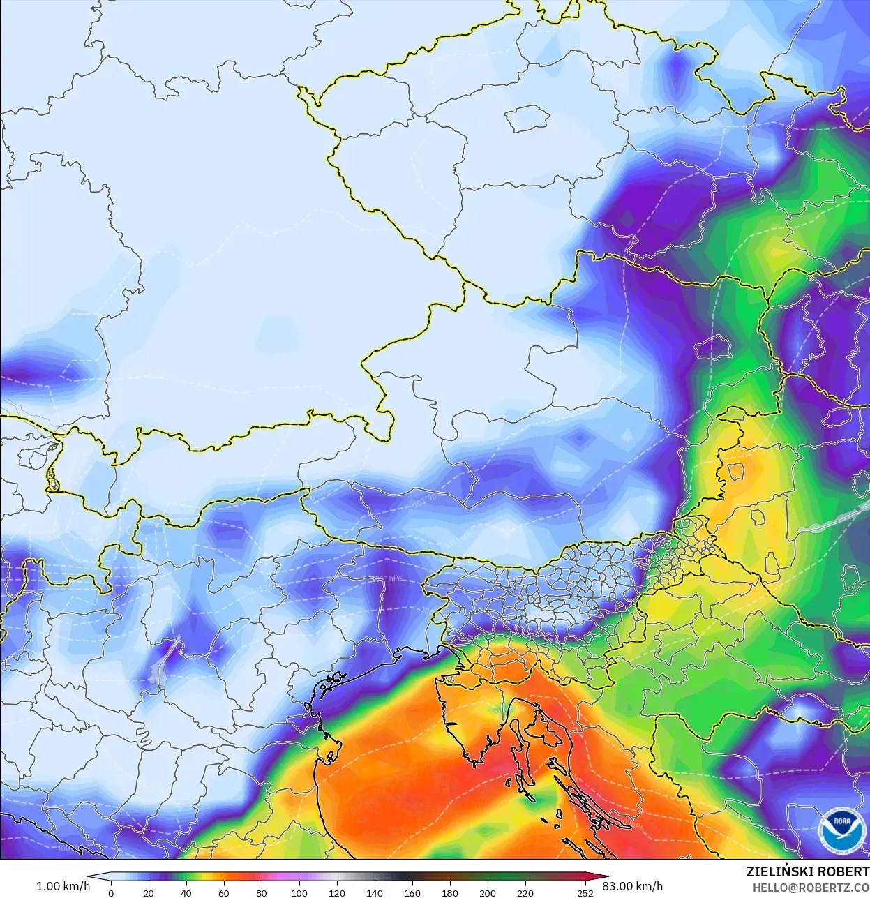 GFS モデル - オーストリア, 突風（最大）