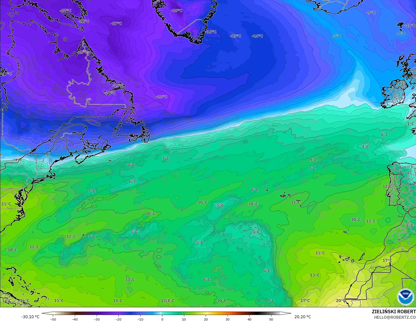 GFS モデル - 北大西洋, 気温（850hPa）