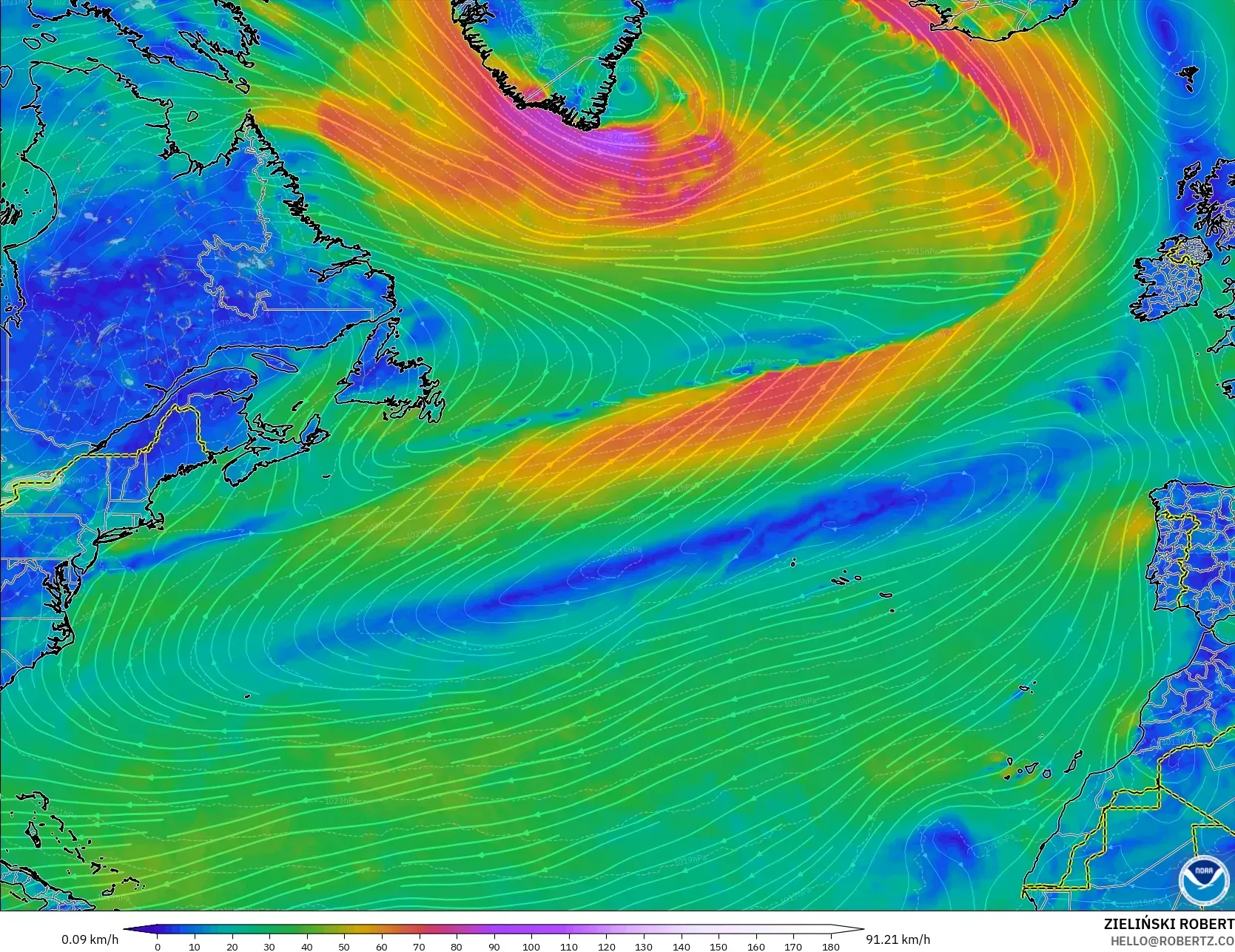 GFS モデル - 北大西洋, 風速（10m）
