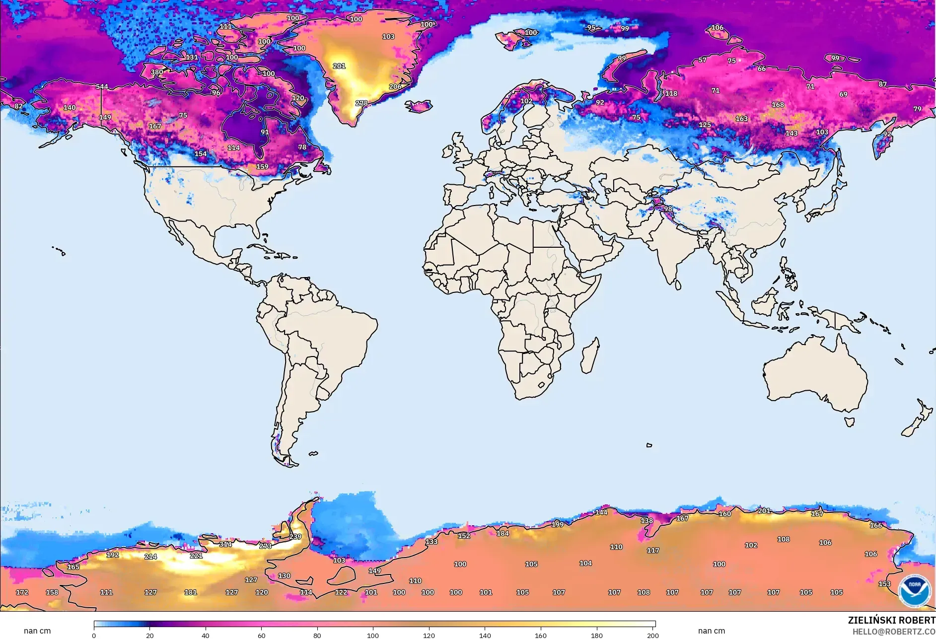 GFS モデル - 世界, 積雪深