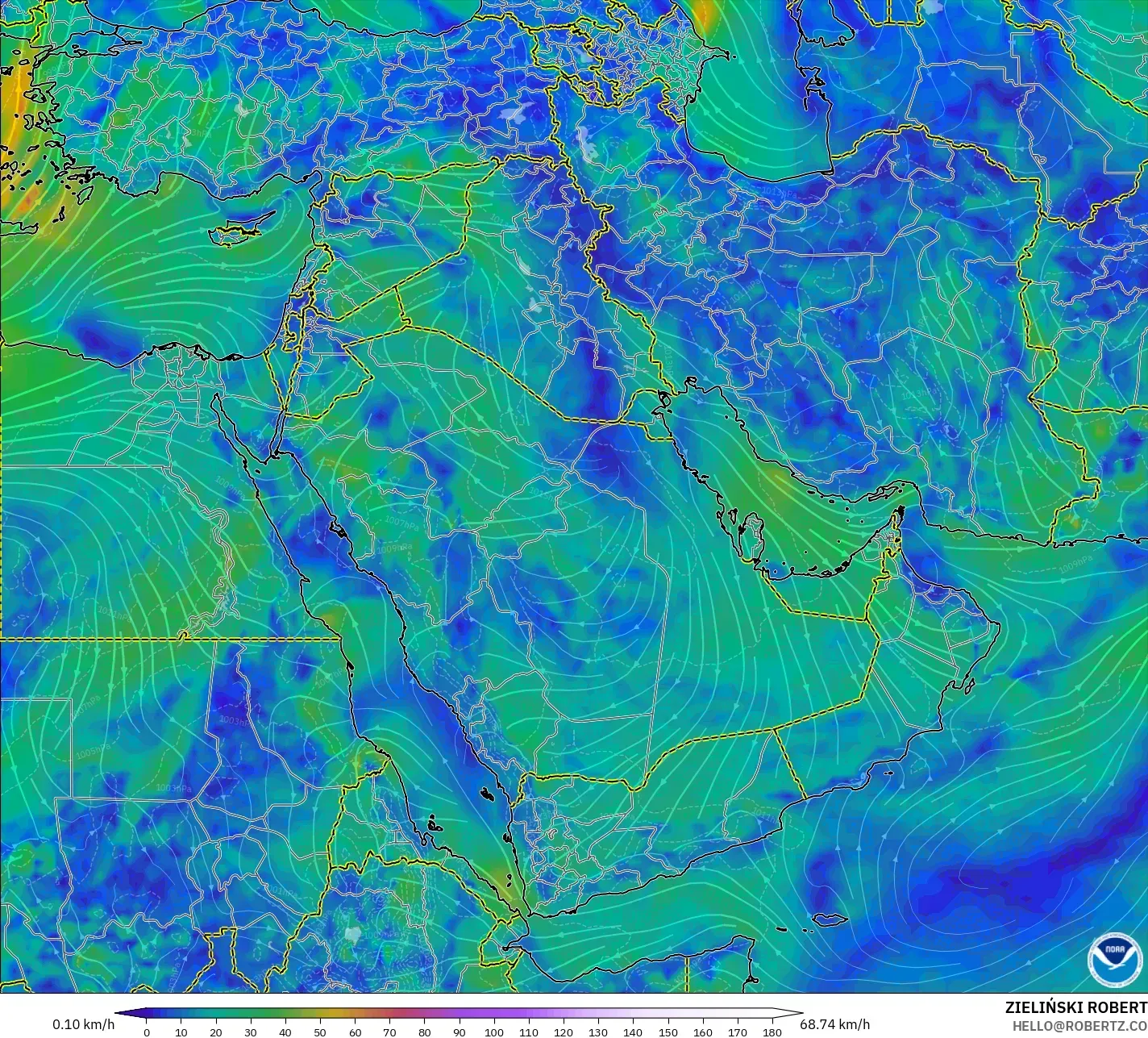GFS モデル - 中東, 風速（10m）